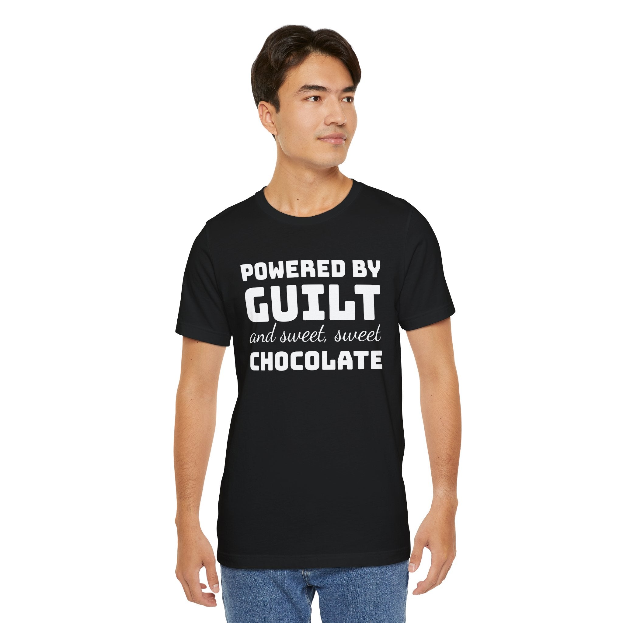 Powered by Guilt and Sweet, Sweet Chocolate T-Shirt, Witty Graphic Tee