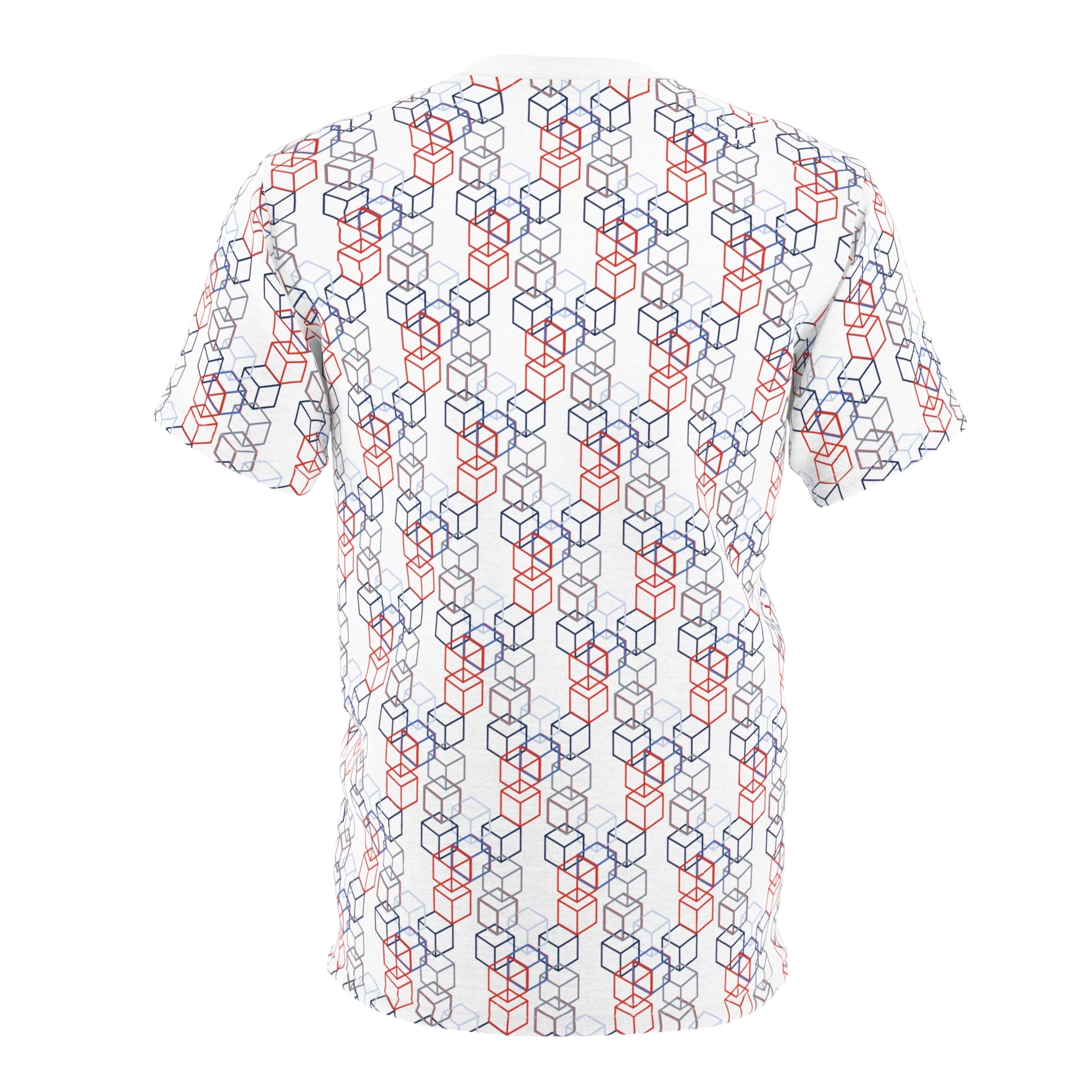 Cubes All-Over Print T-Shirt in blue and red - Stand Out in Style - Abstract Shirt, Artsy Tee, Geometric Top, Modern Art, Artistic Gift, Casual Streetwear, Aesthetic Clothing, Men's style