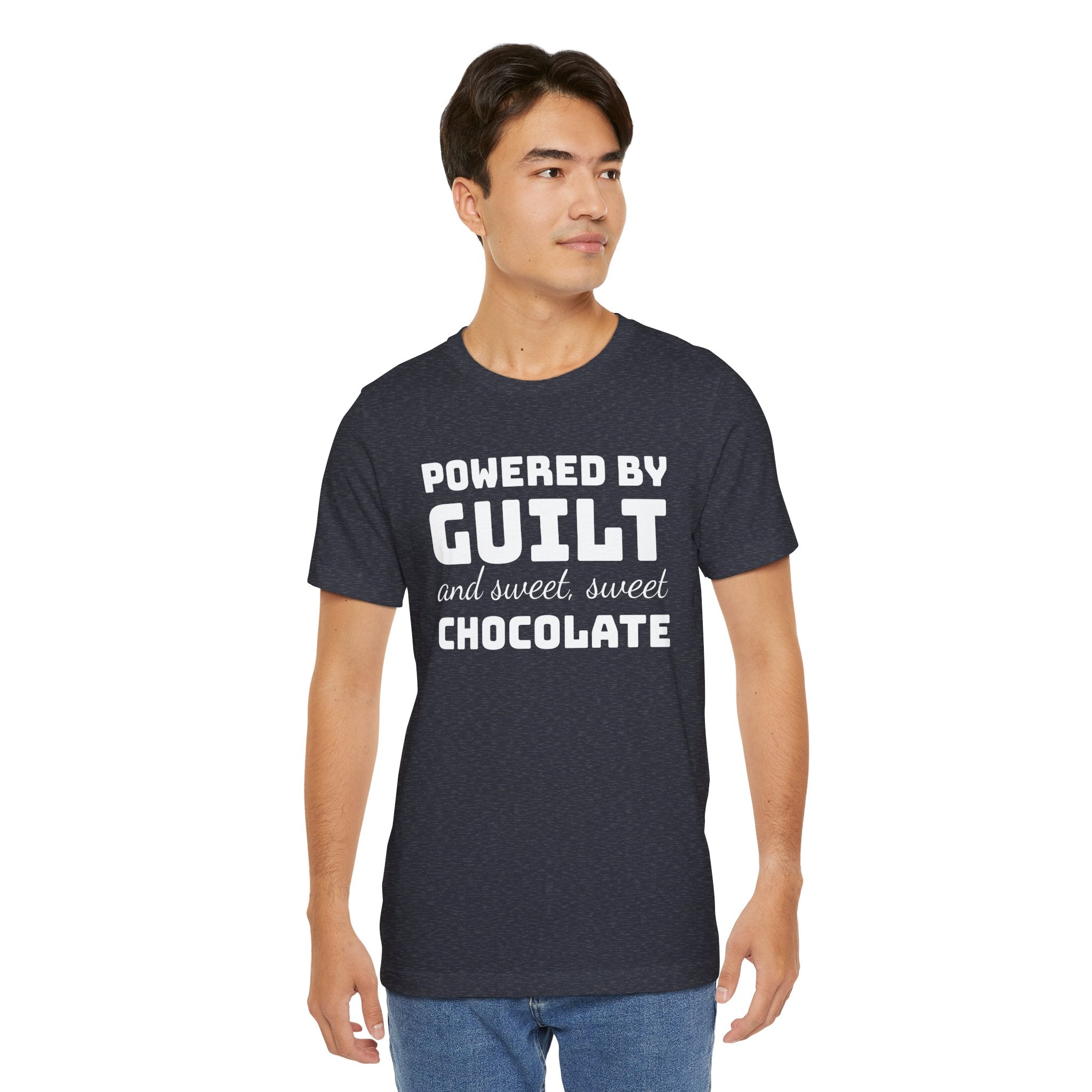 Powered by Guilt and Sweet, Sweet Chocolate T-Shirt, Witty Graphic Tee