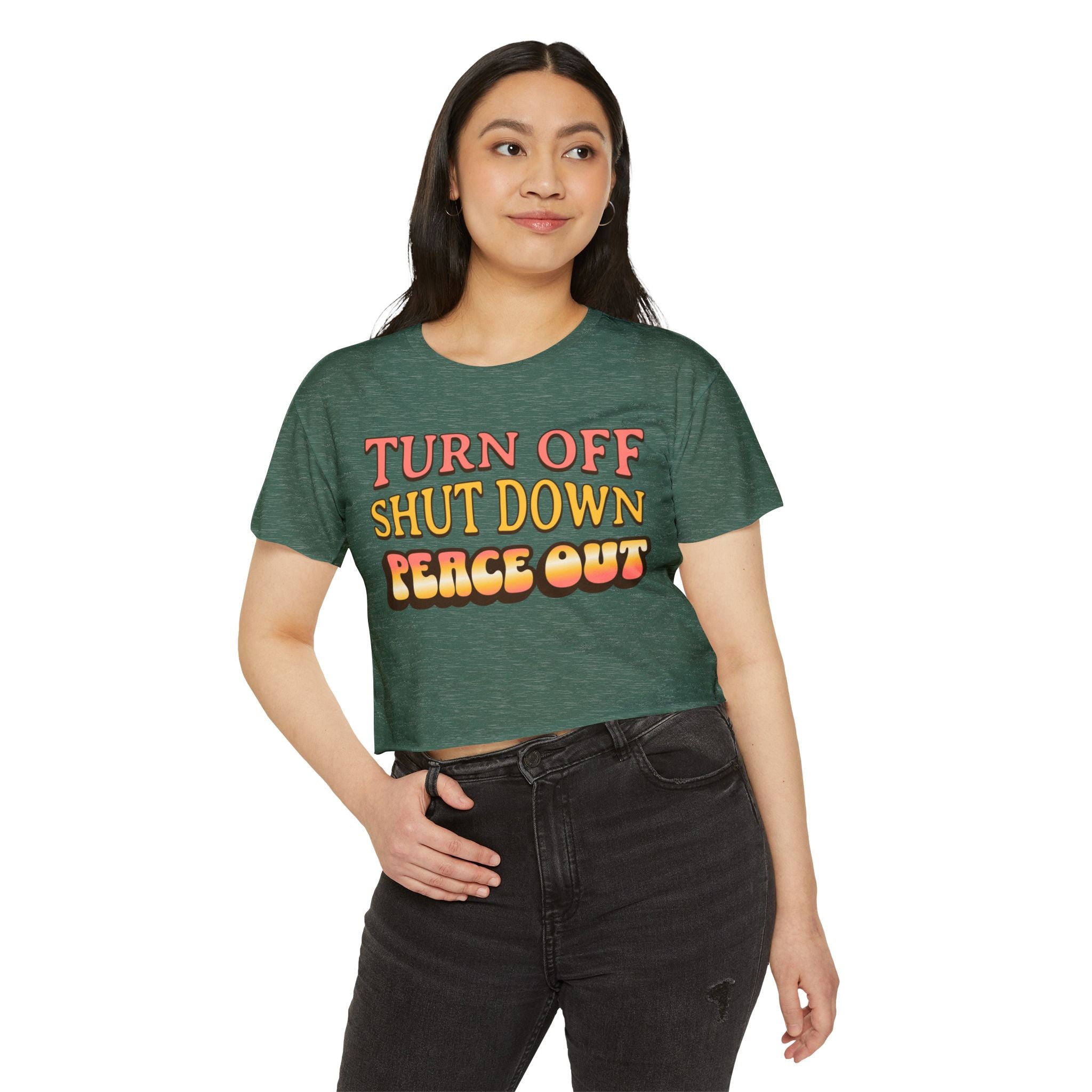 Turn off, shut down, peace out! Cute crop tee in warm colors