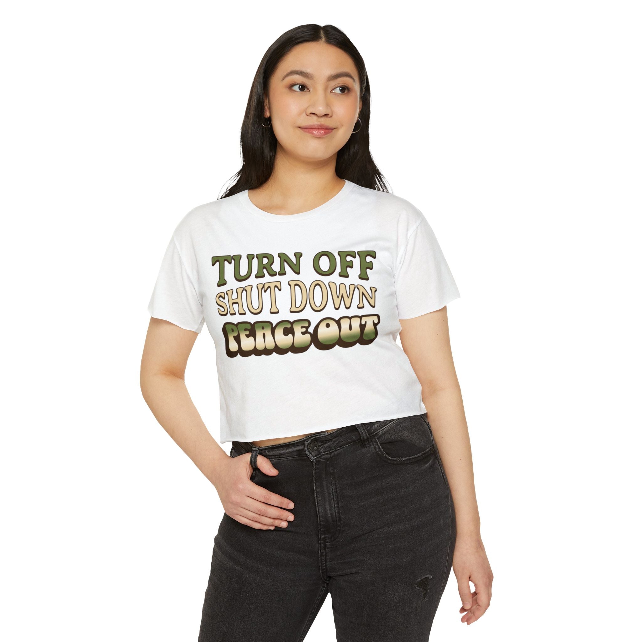 Turn off, shut down, peace out! Cute crop tee in natural colors