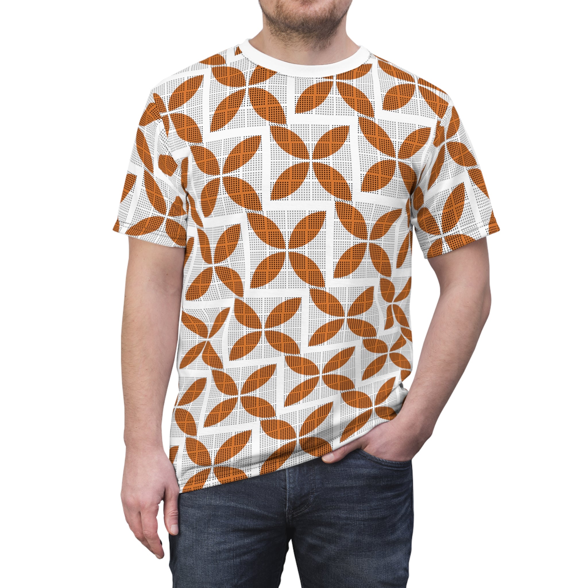 Bold All-Over Print T-Shirt In Orange and checkers - Stand Out in Style - Abstract Shirt, Artsy Tee, Geometric Top, Modern Art, Artistic Gift, Casual Streetwear, Aesthetic Clothing, Men's style