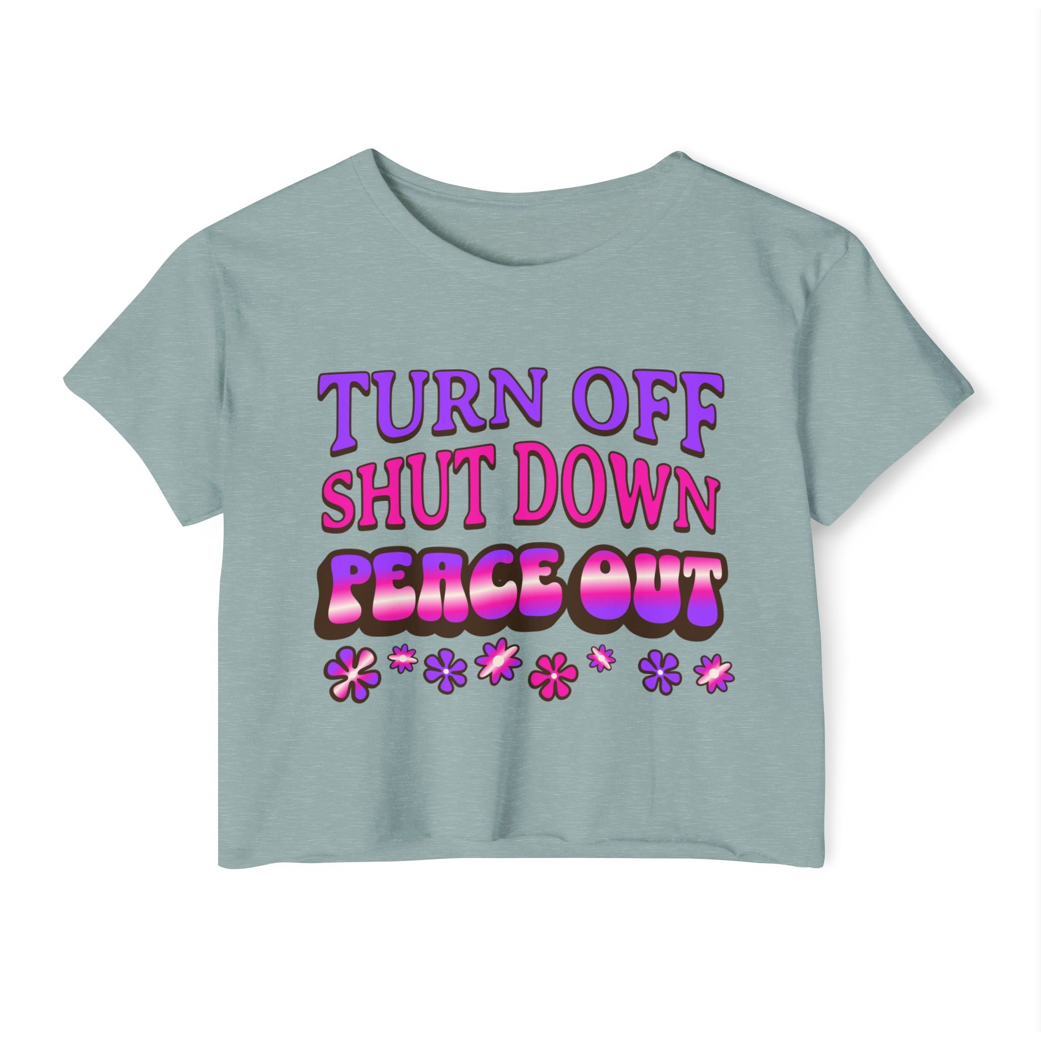 Turn off, shut down, peace out! Cute crop tee in pink and purple