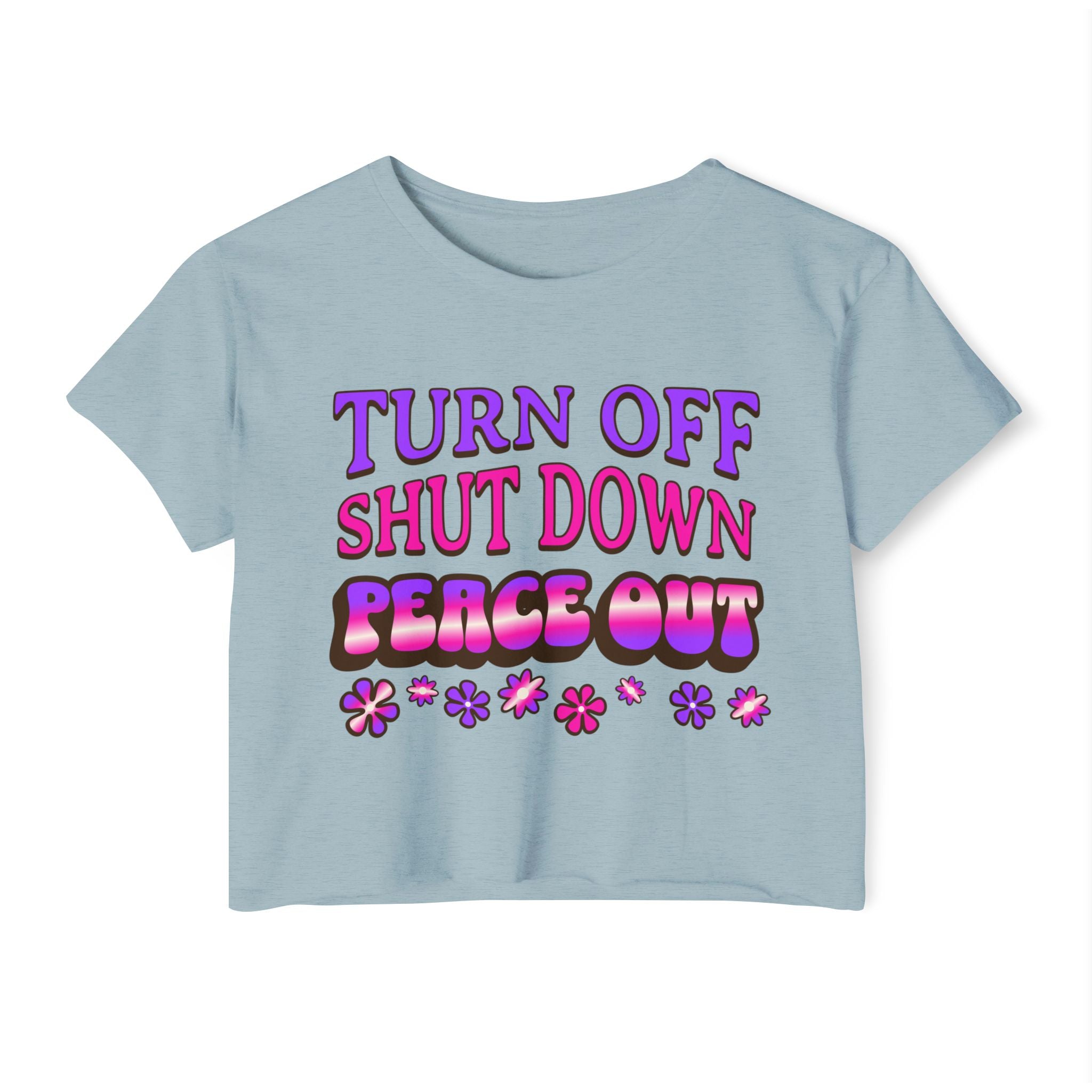 Turn off, shut down, peace out! Cute crop tee in pink and purple