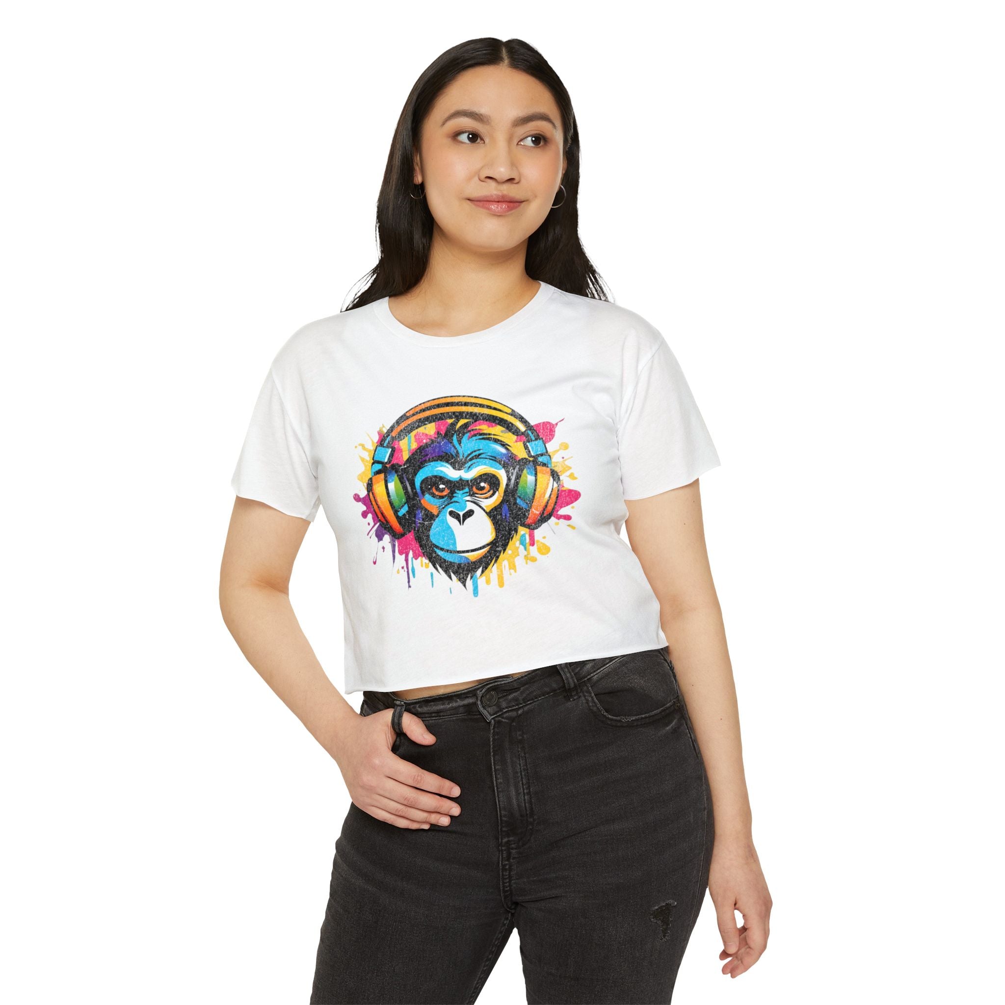 Monkey with headphones - Dripping colorblock paint design - Cute crop tee