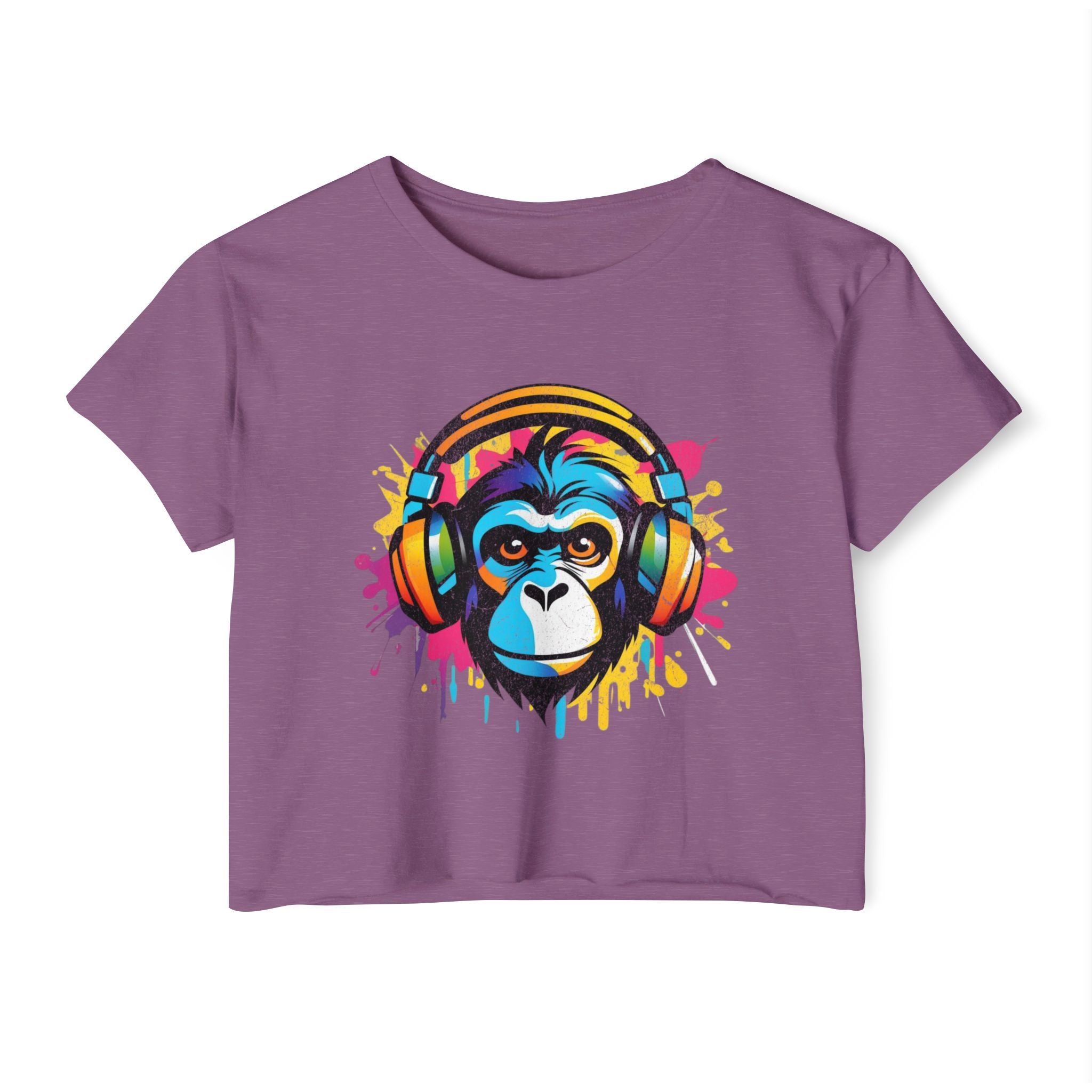 Monkey with headphones - Dripping colorblock paint design - Cute crop tee