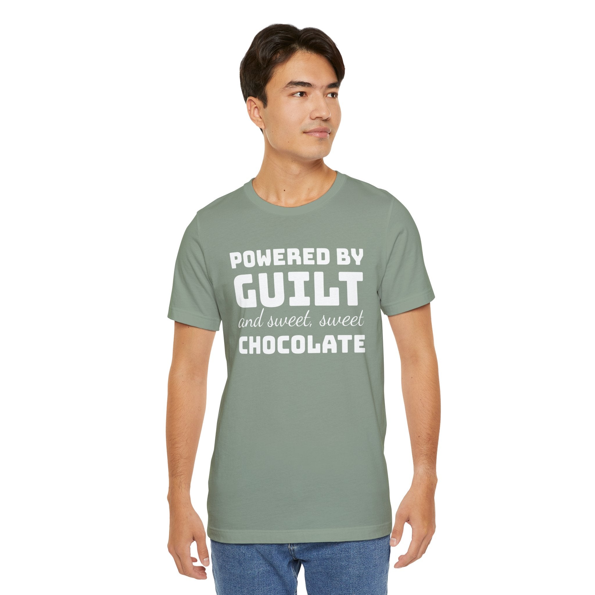 Powered by Guilt and Sweet, Sweet Chocolate T-Shirt, Witty Graphic Tee