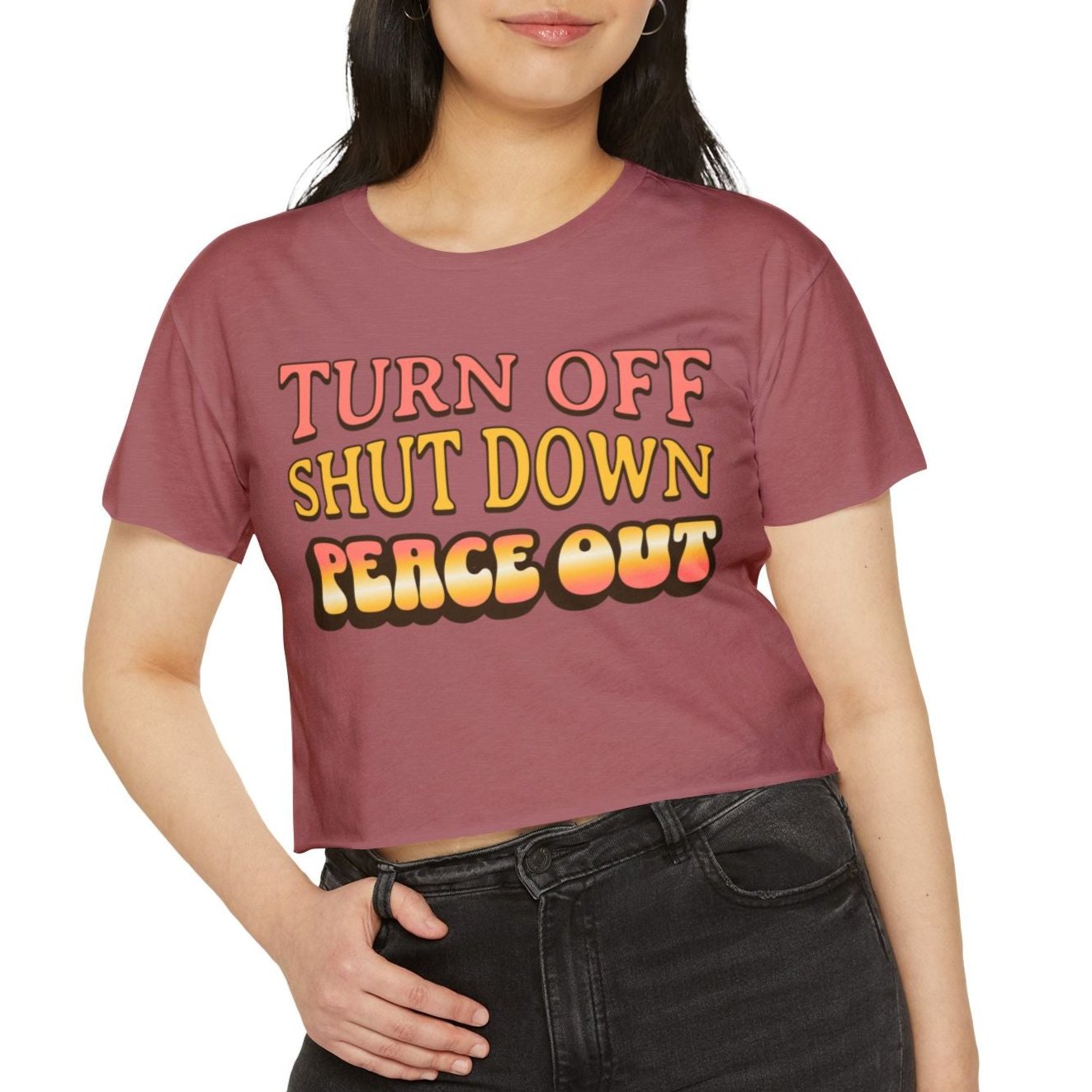 turn off, shut down, peace out, disconnect, unplug tshirt, cropped top, crop top, cropped tee, fun message, peace message t shirt