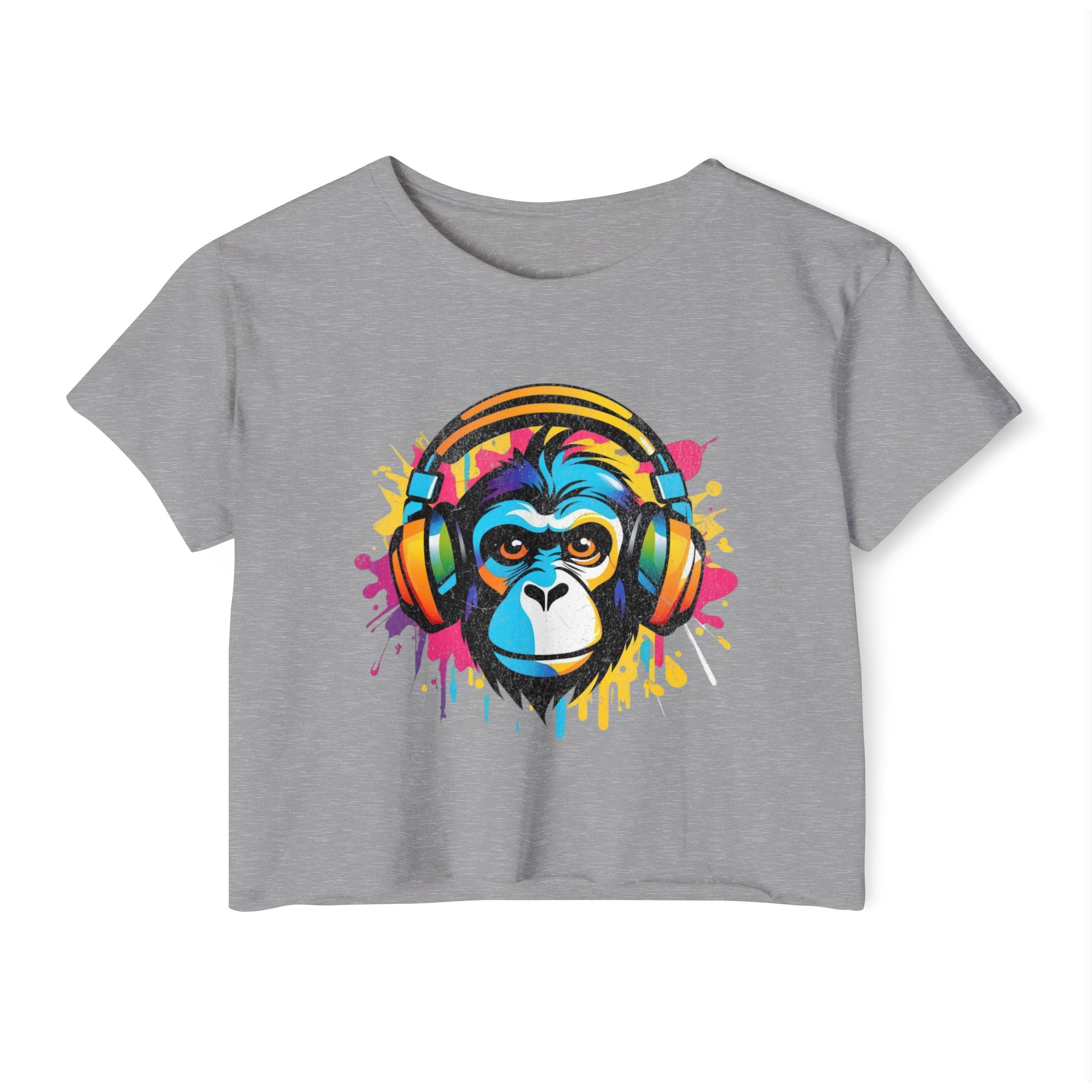 abstract shirt, floral t-shirt, modern design shirt, monkey graphic tee, cute cropped tee, crop top, color block shirt, graffiti shit, monkey headphones t-shirt