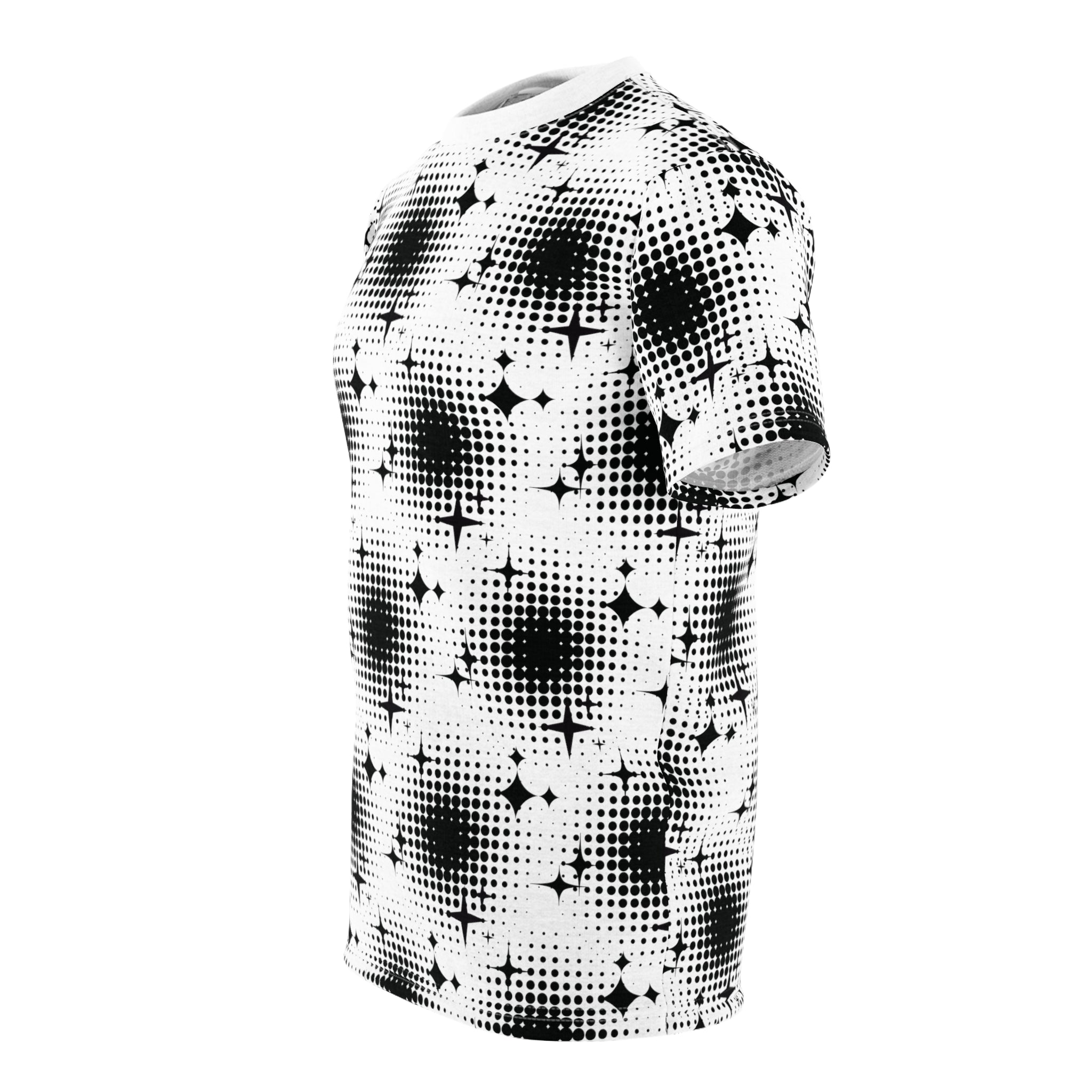 Mid-Century Modern All-Over Print T-Shirt in black and white dots - Stand Out in Style - Abstract Shirt, Artsy Tee, Geometric Top, Modern Art, Artistic Gift, Casual Streetwear, Aesthetic Clothing, Men's style