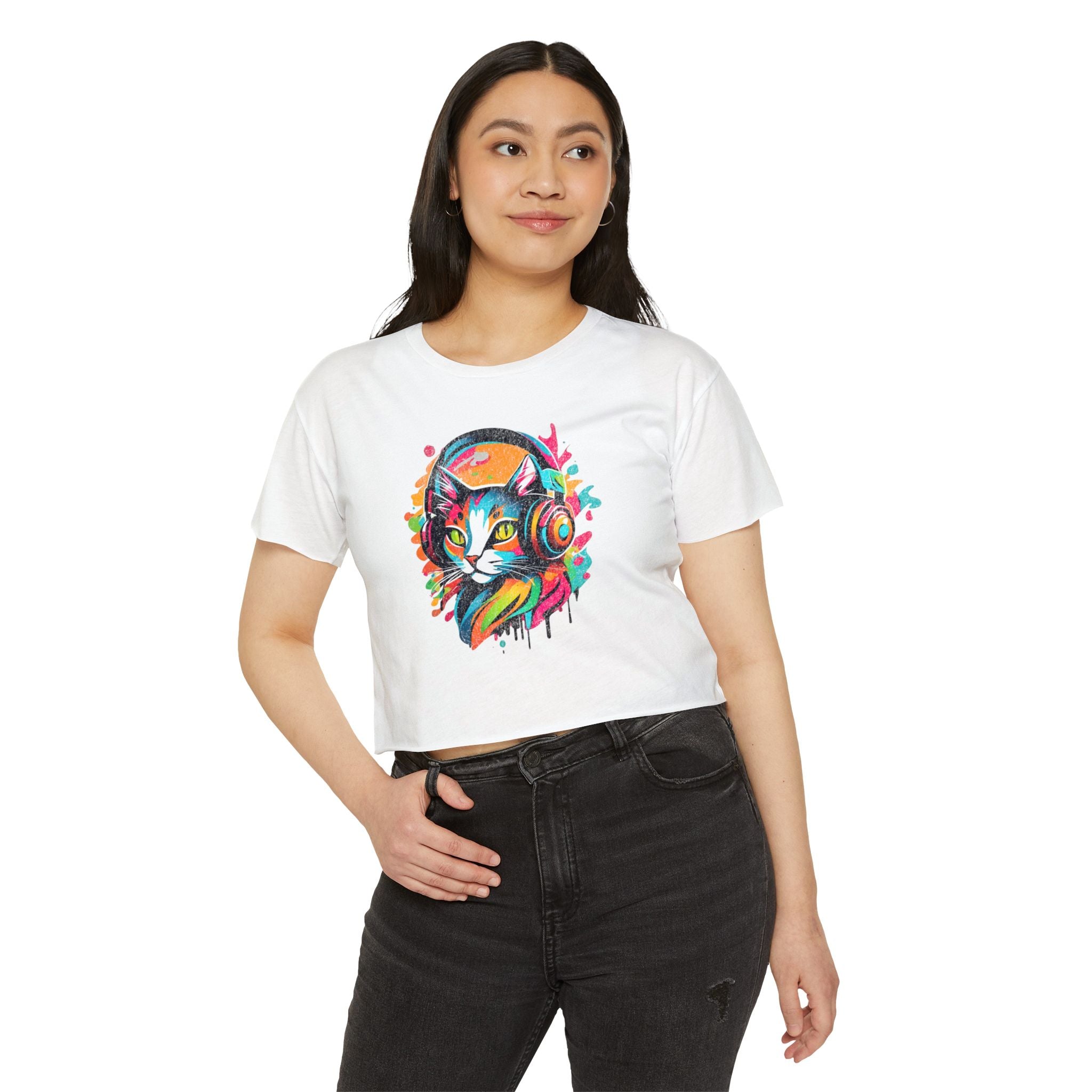 Cat with headphones - Abstract colorblock design - Cute crop tee