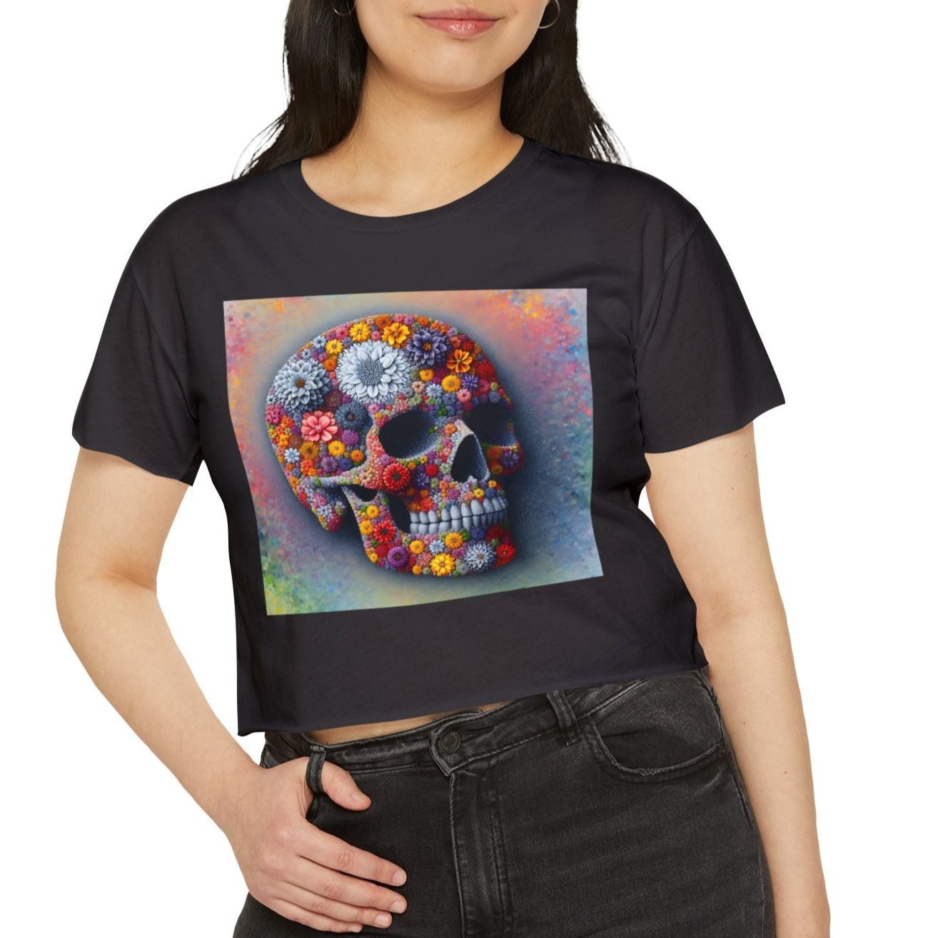 abstract shirt, flower skull top, floral t-shirt, modern design shirt, flower graphic tee, cute cropped tee, crop top, dia de los muertos, day of the dead, skull t-shirt