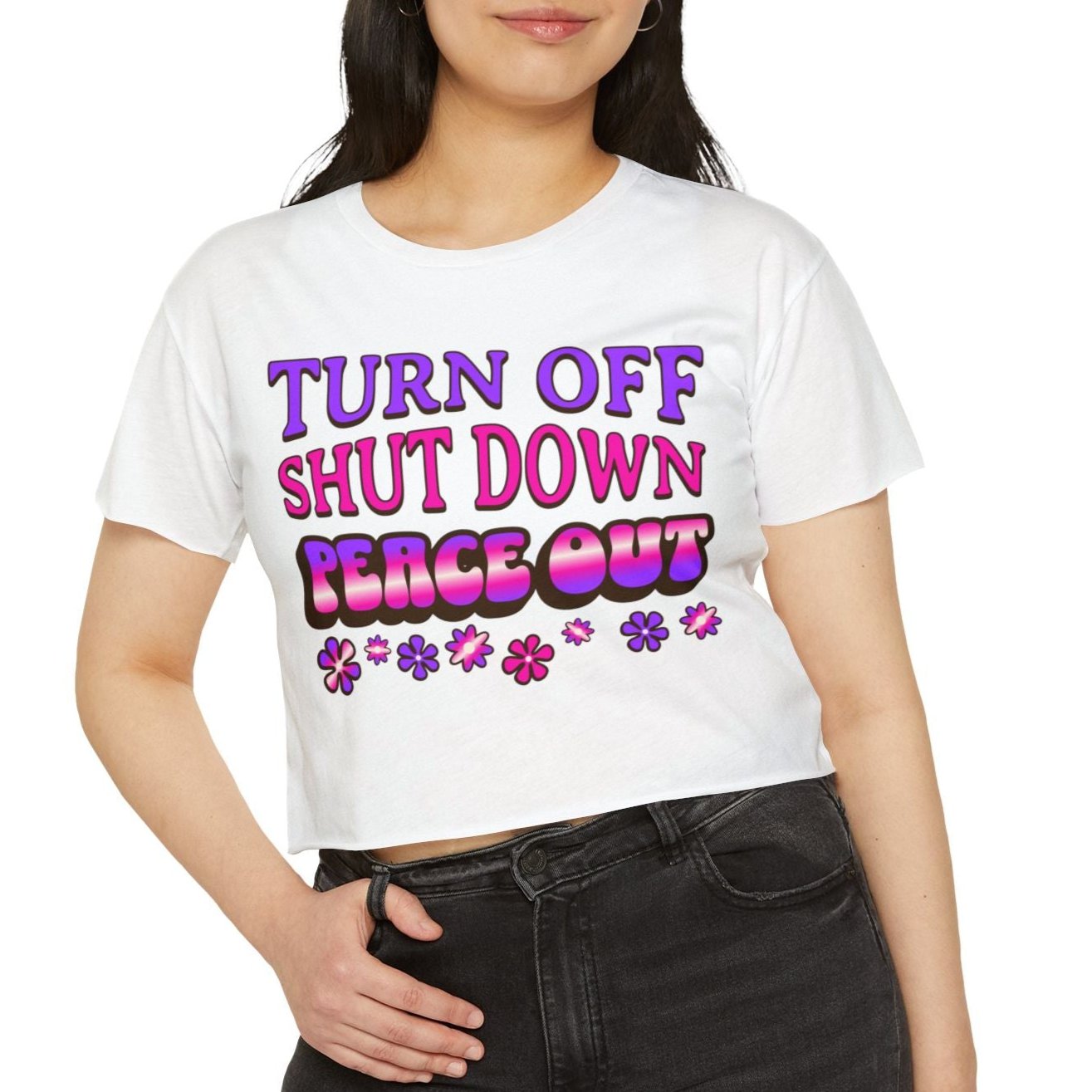 turn off, shut down, peace out, disconnect, unplug tshirt, cropped top, crop top, cropped tee, fun message, peace message t shirt