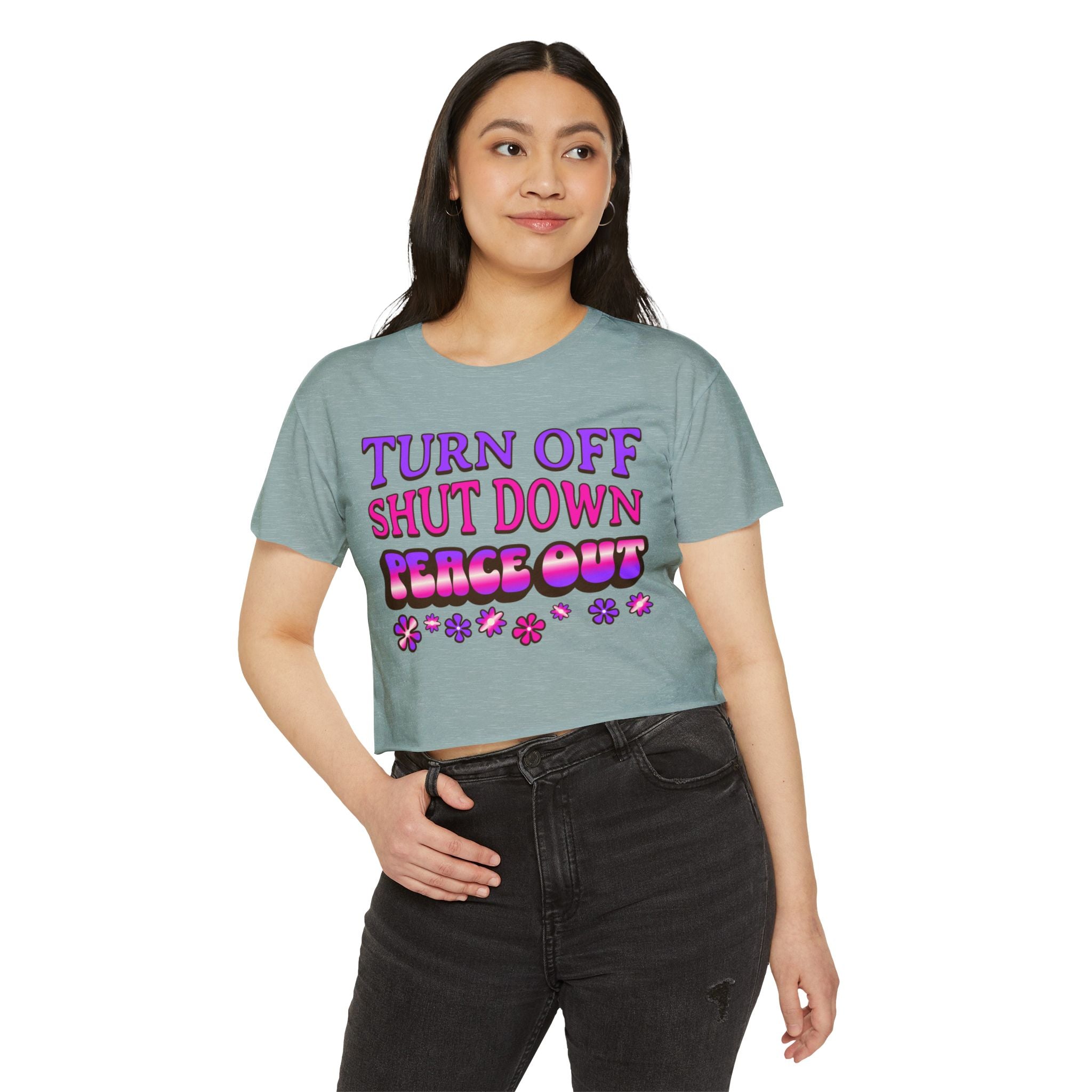 Turn off, shut down, peace out! Cute crop tee in pink and purple