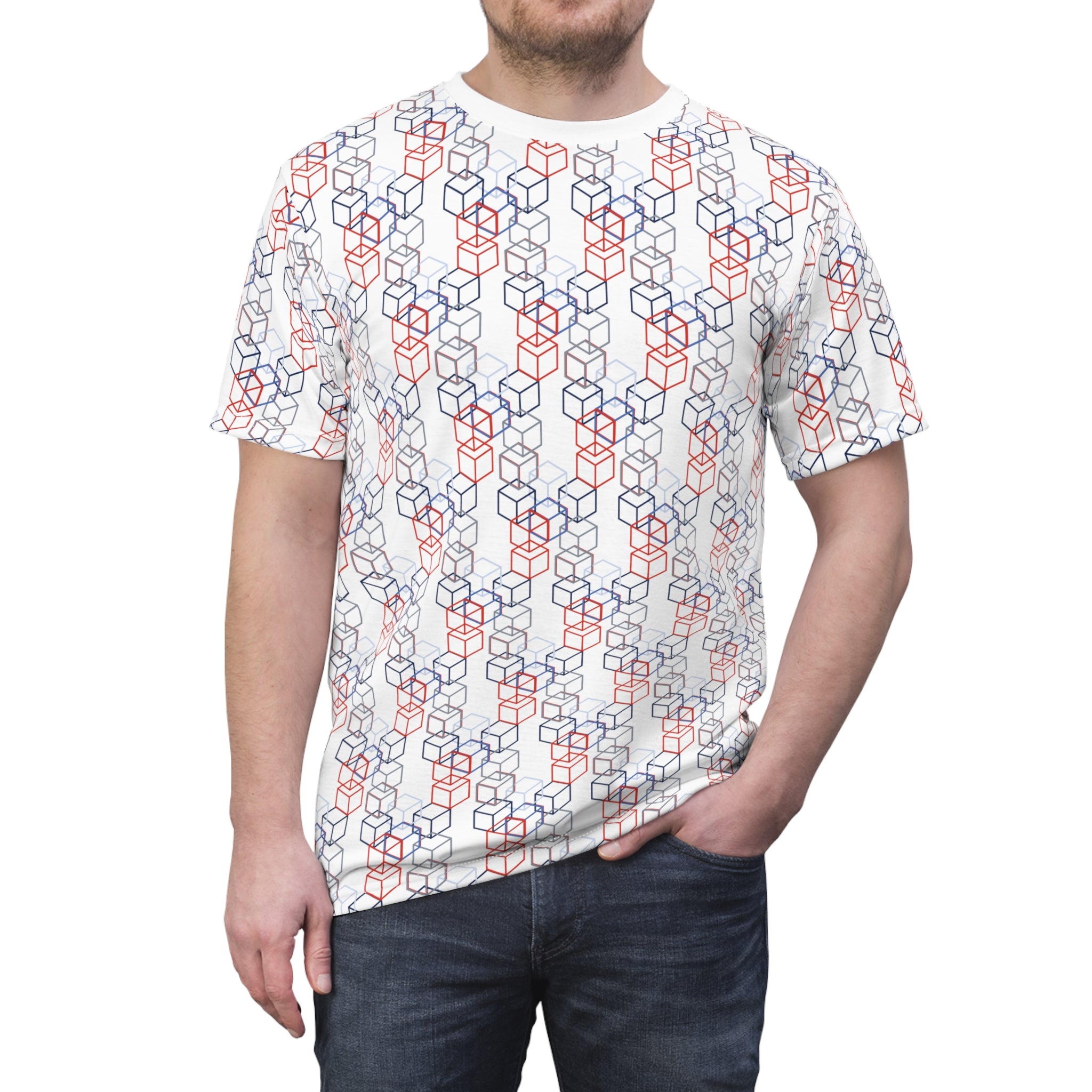 Cubes All-Over Print T-Shirt in blue and red - Stand Out in Style - Abstract Shirt, Artsy Tee, Geometric Top, Modern Art, Artistic Gift, Casual Streetwear, Aesthetic Clothing, Men's style