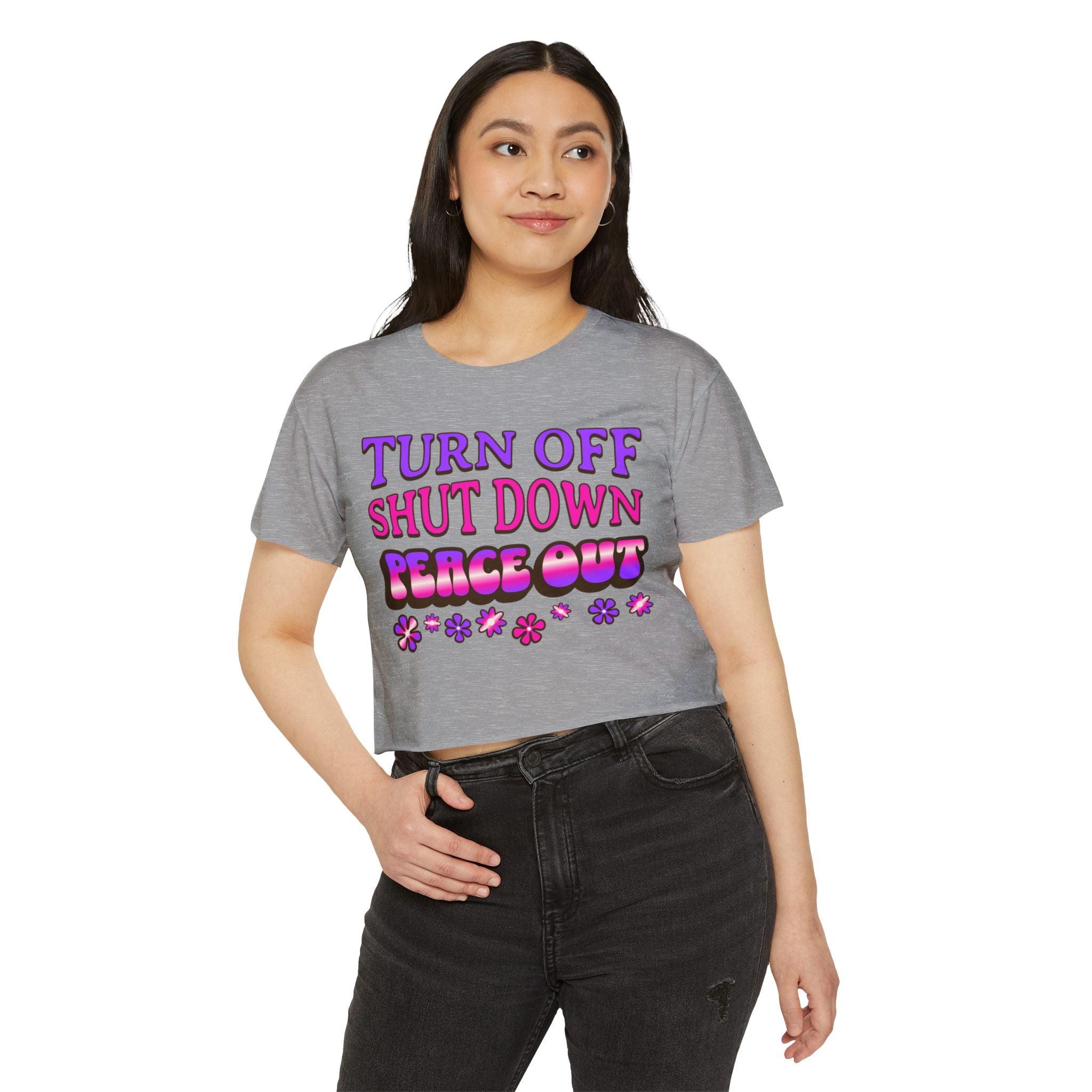 Turn off, shut down, peace out! Cute crop tee in pink and purple