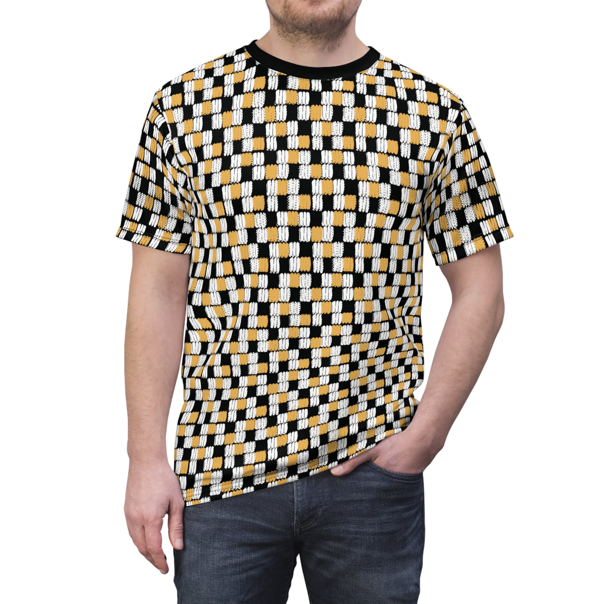 Modern All-Over Print T-Shirt in Dotted Line pattern - Stand Out in Black and Yellow - Abstract Shirt, Artsy Tee, Grunge art, Modern Art, Artistic Gift, Casual Streetwear, Aesthetic Clothing, Men's style