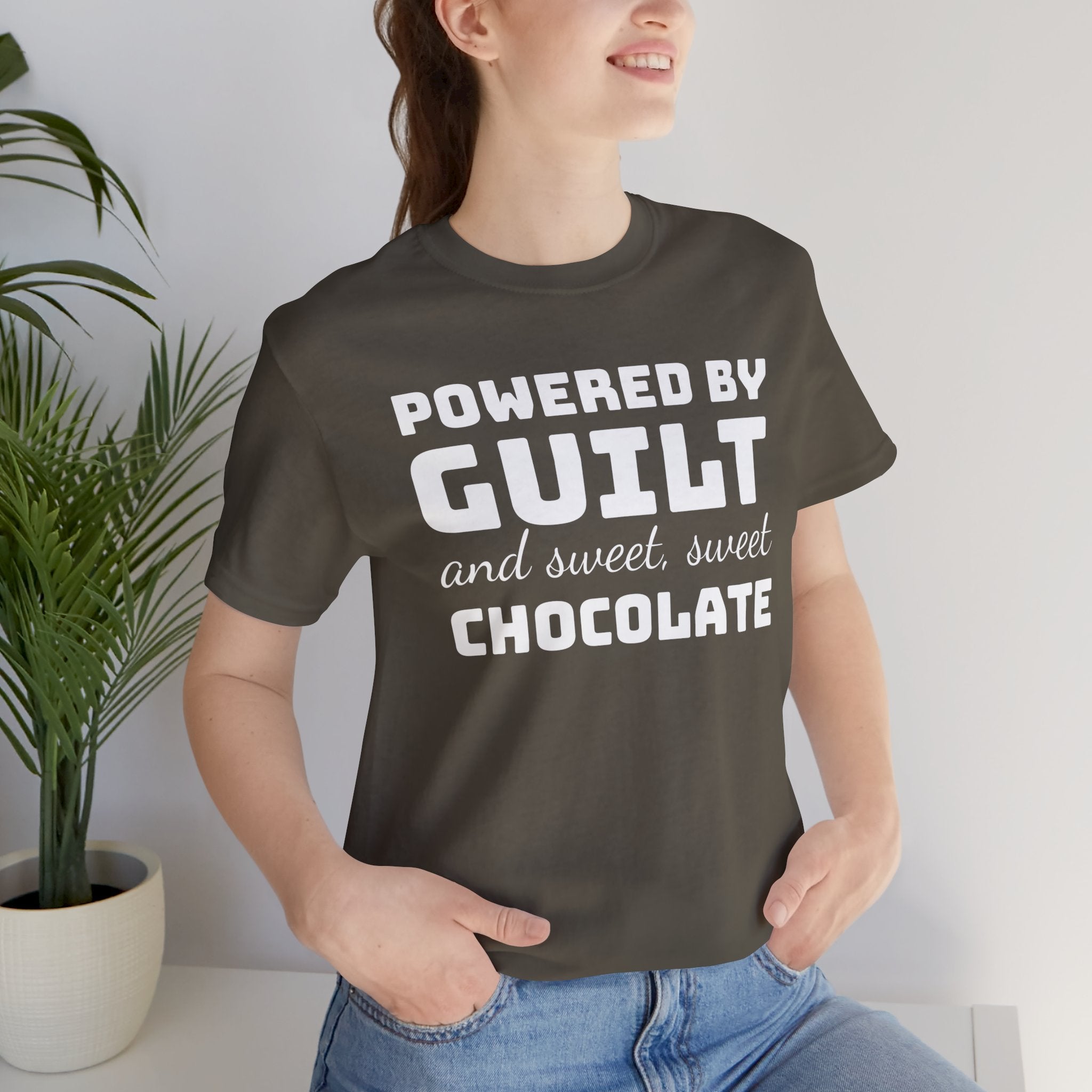 Powered by Guilt and Sweet, Sweet Chocolate T-Shirt, Witty Graphic Tee