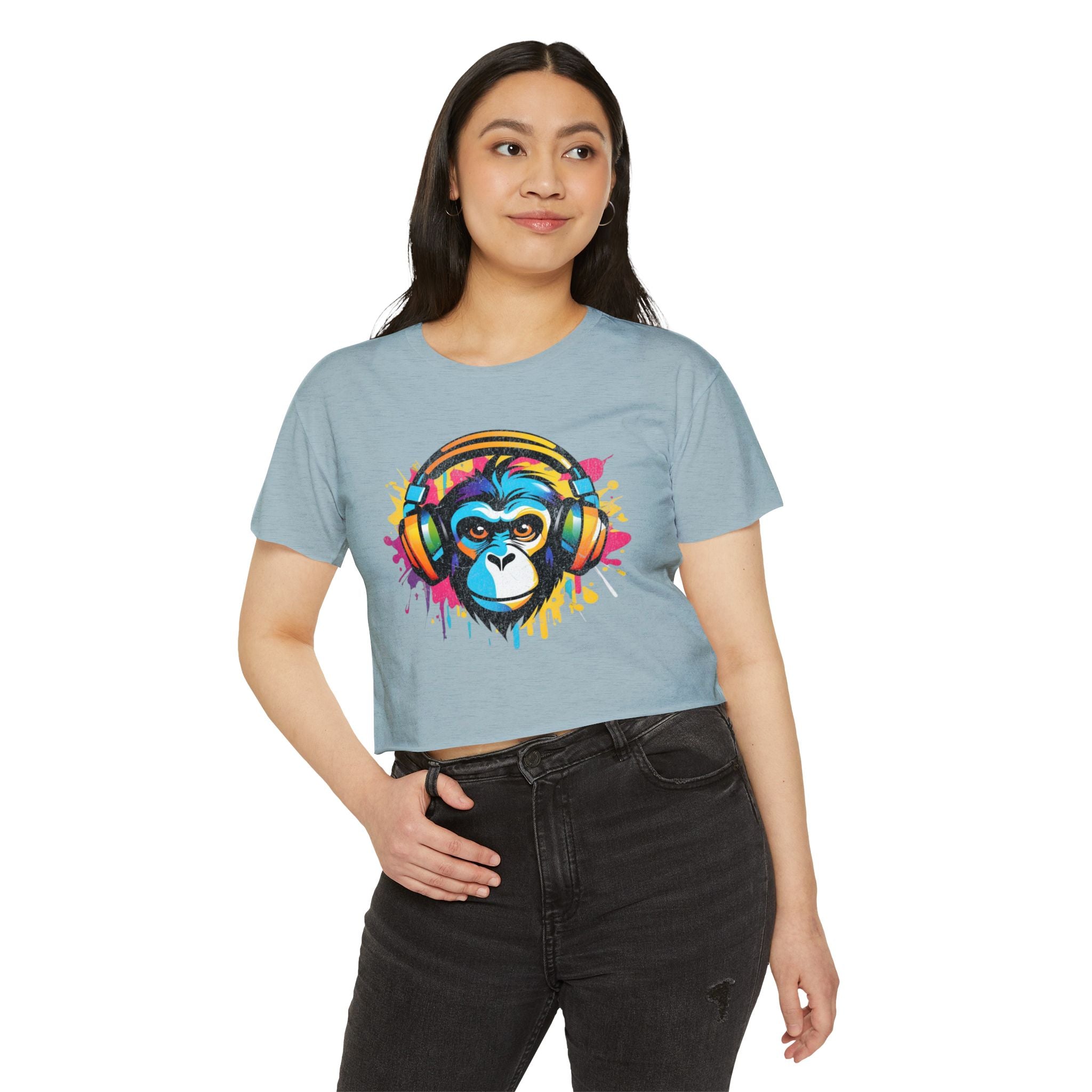 abstract shirt, floral t-shirt, modern design shirt, monkey graphic tee, cute cropped tee, crop top, color block shirt, graffiti shit, monkey headphones t-shirt