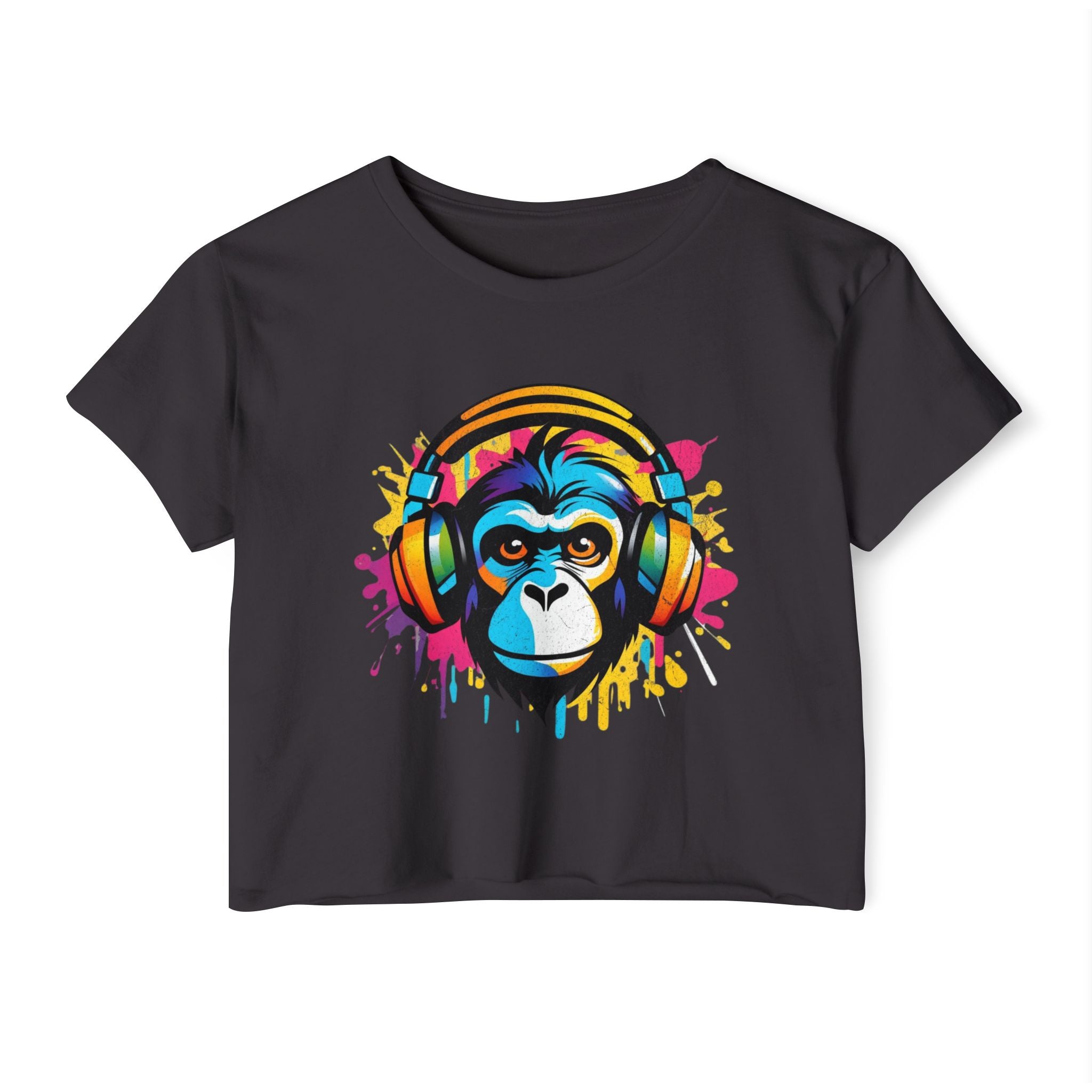 abstract shirt, floral t-shirt, modern design shirt, monkey graphic tee, cute cropped tee, crop top, color block shirt, graffiti shit, monkey headphones t-shirt