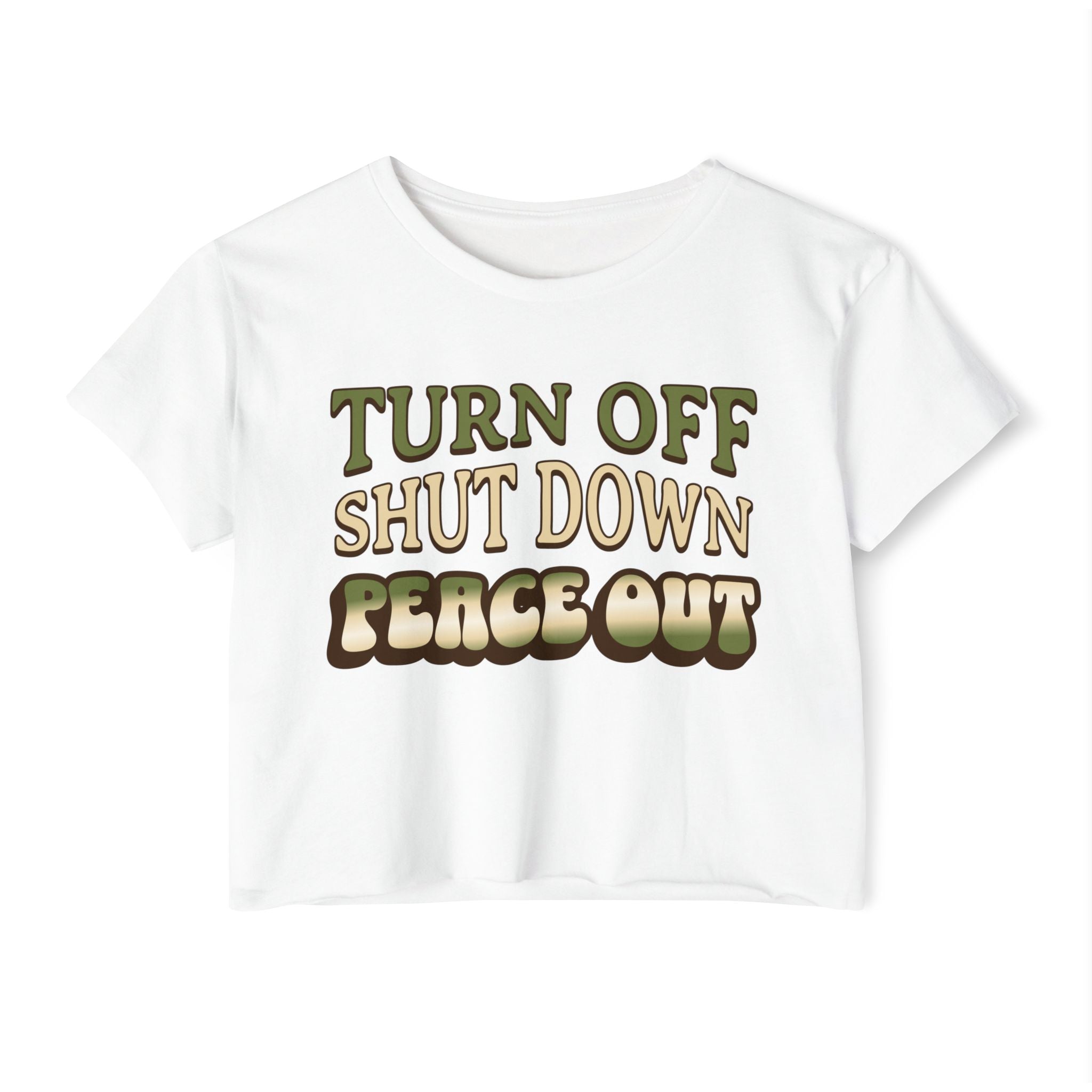 Turn off, shut down, peace out! Cute crop tee in natural colors