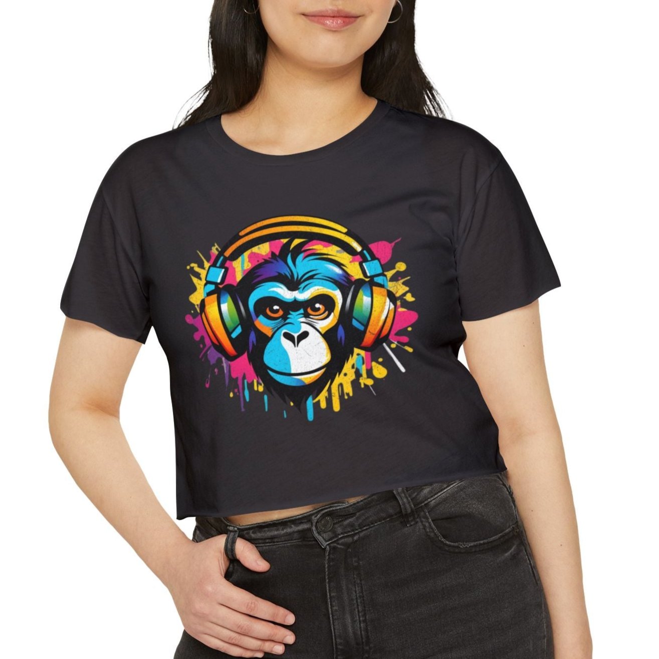 abstract shirt, floral t-shirt, modern design shirt, monkey graphic tee, cute cropped tee, crop top, color block shirt, graffiti shit, monkey headphones t-shirt