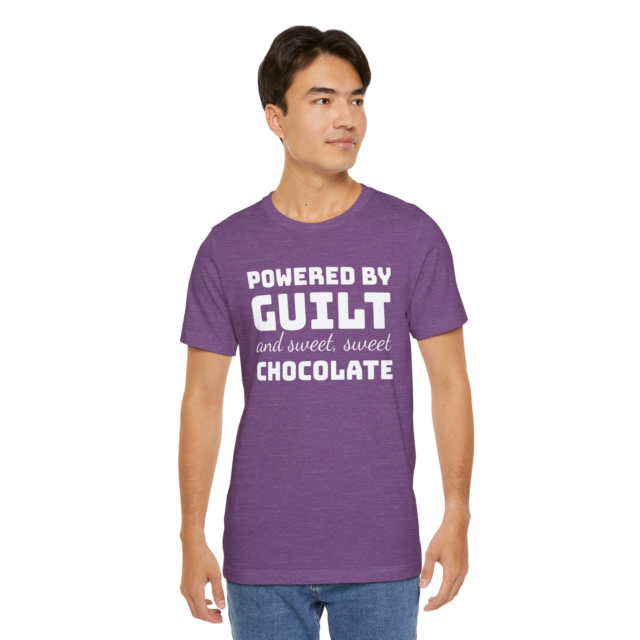 Powered by Guilt and Sweet, Sweet Chocolate T-Shirt, Witty Graphic Tee