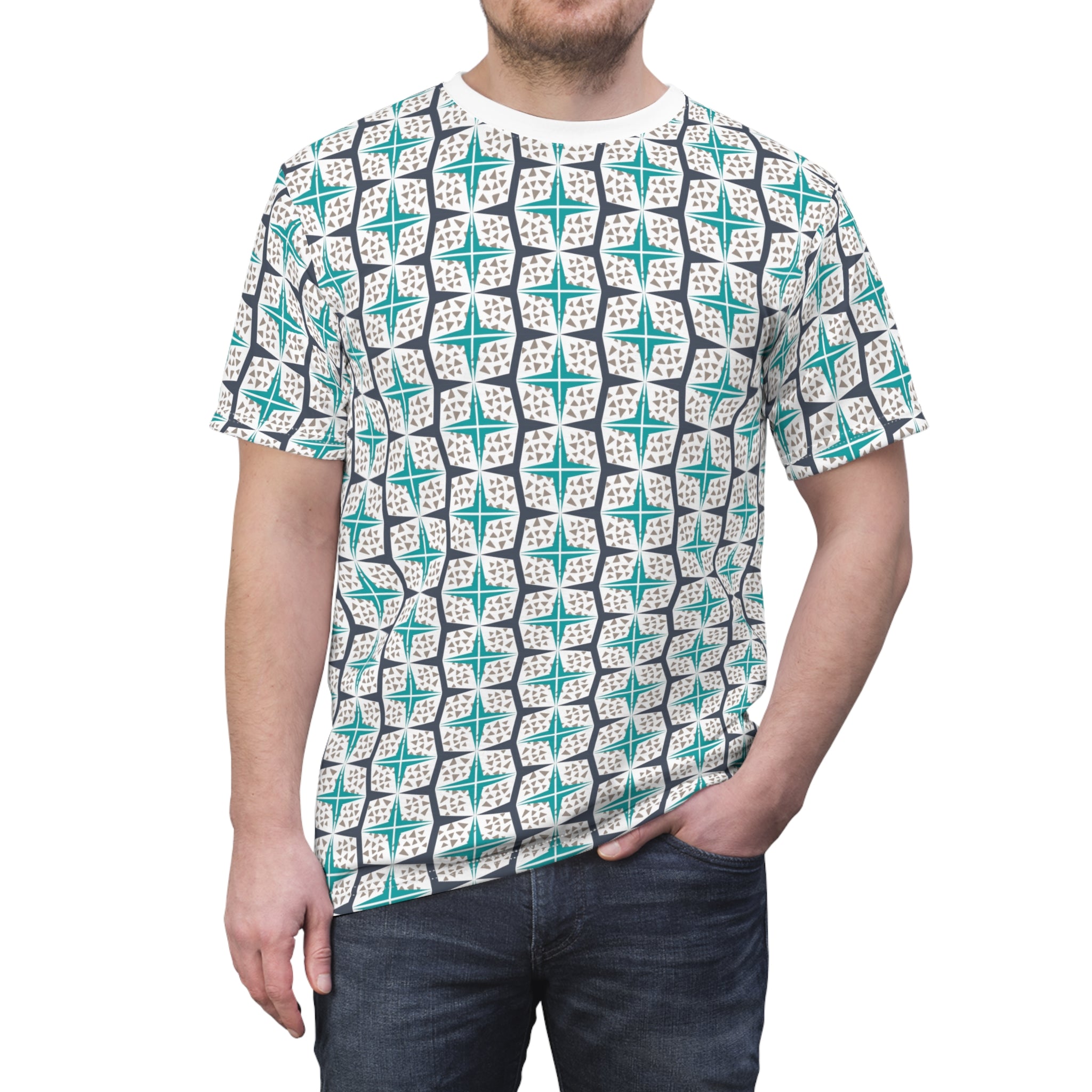 Mid-Century Modern All-Over Print T-Shirt teal and natural - Stand Out in Style - Abstract Shirt, Artsy Tee, Geometric Top, Modern Art, Artistic Gift, Casual Streetwear, Aesthetic Clothing, Men's style