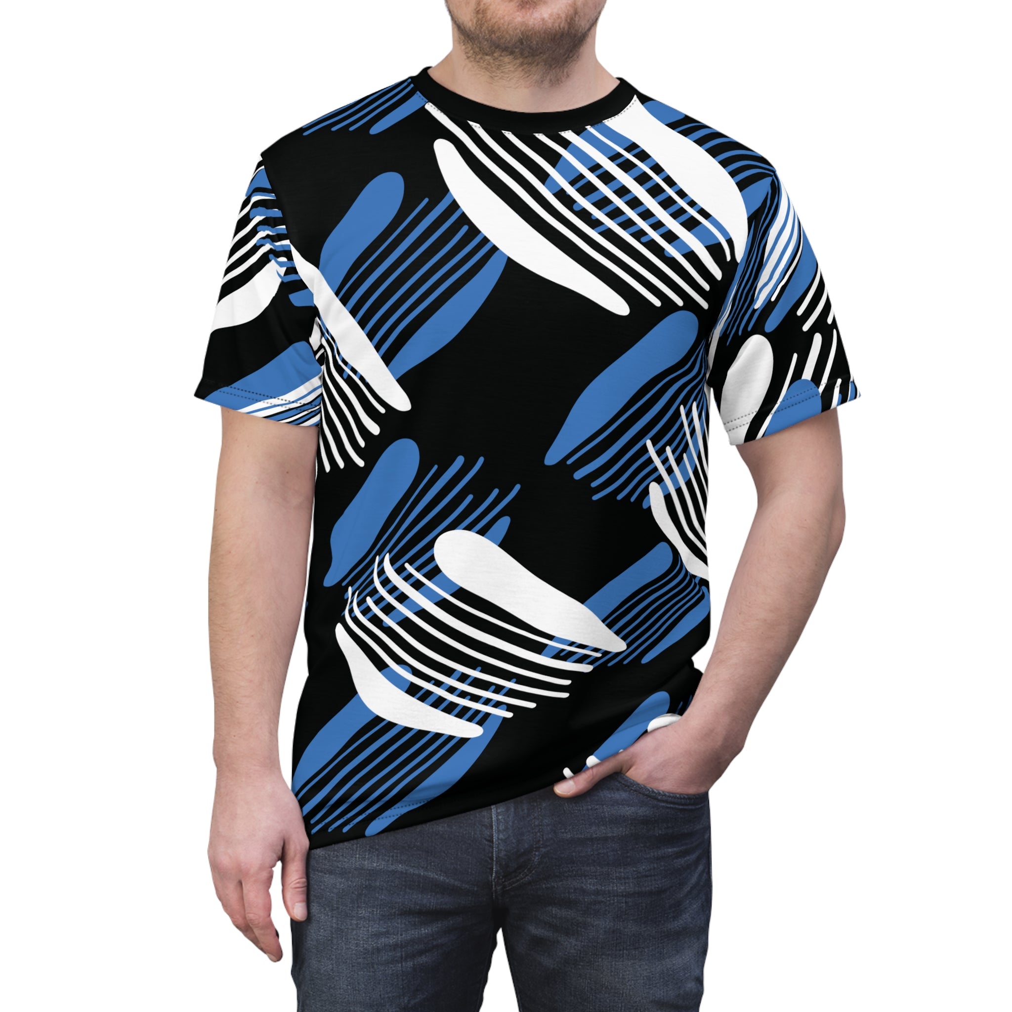 Bold Abstract Shapes All-Over Print T-Shirt in Black, Blue, White