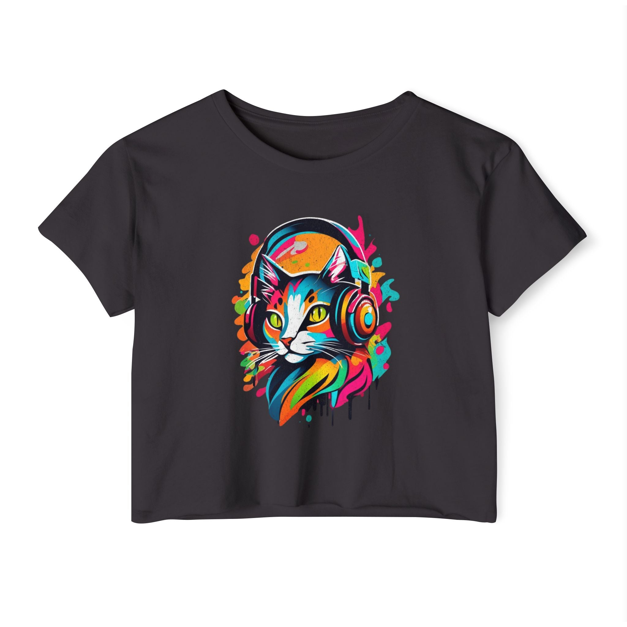 color block bright cat wearing headphones, earphones, cat listening to music t-shirt, cat shirt, cropped tee