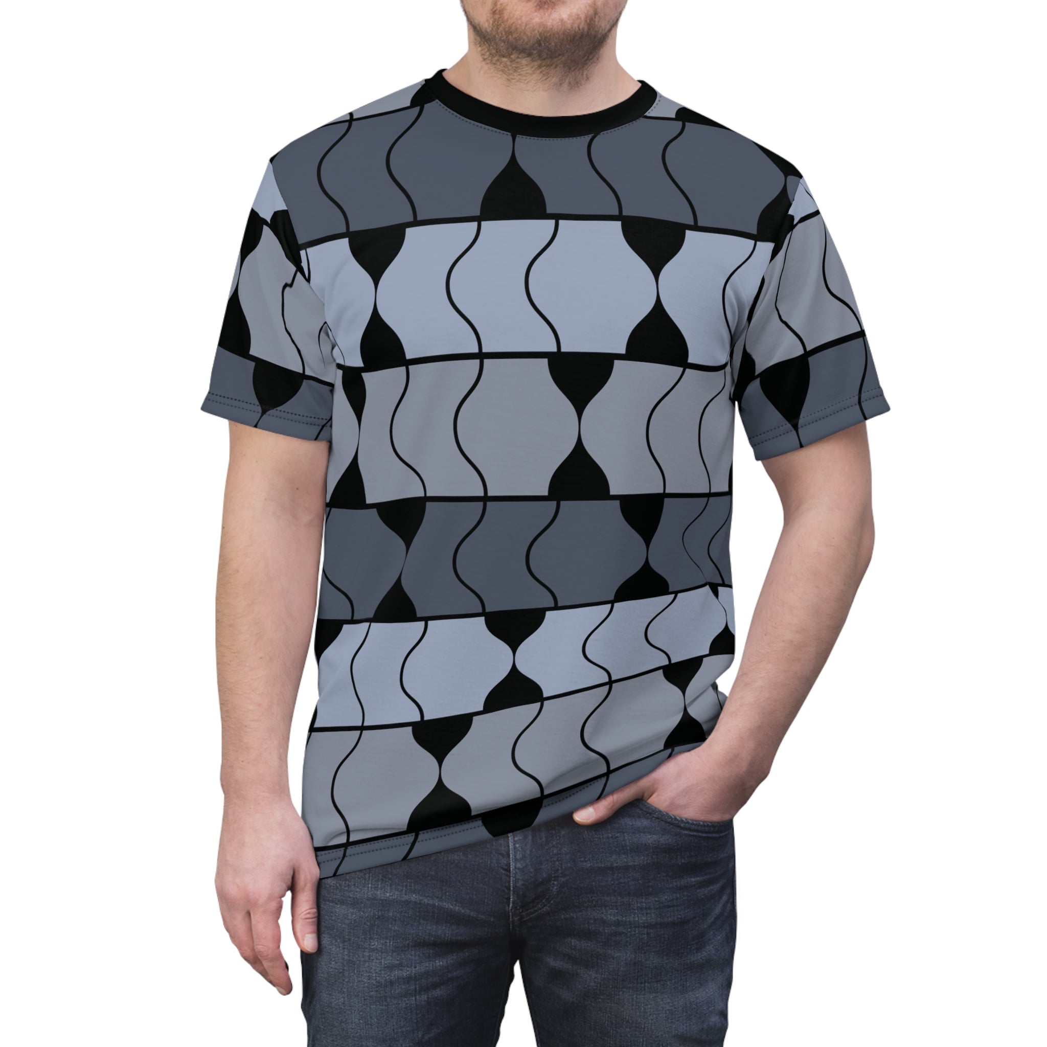 Bold All-Over Print T-Shirt in blue and gray waves - Stand Out in Style - Abstract Shirt, Artsy Tee, Geometric Top, Modern Art, Artistic Gift, Casual Streetwear, Aesthetic Clothing, Men's style