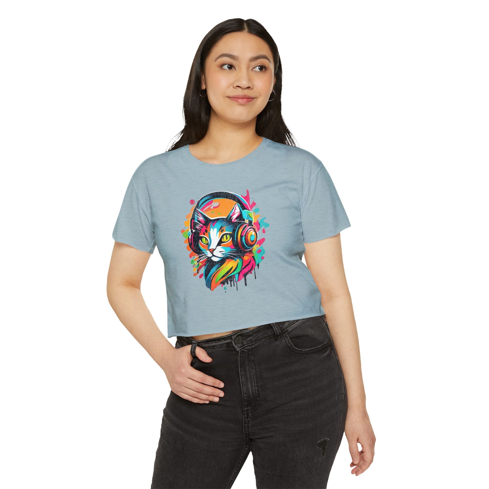 Cat with headphones - Abstract colorblock design - Cute crop tee