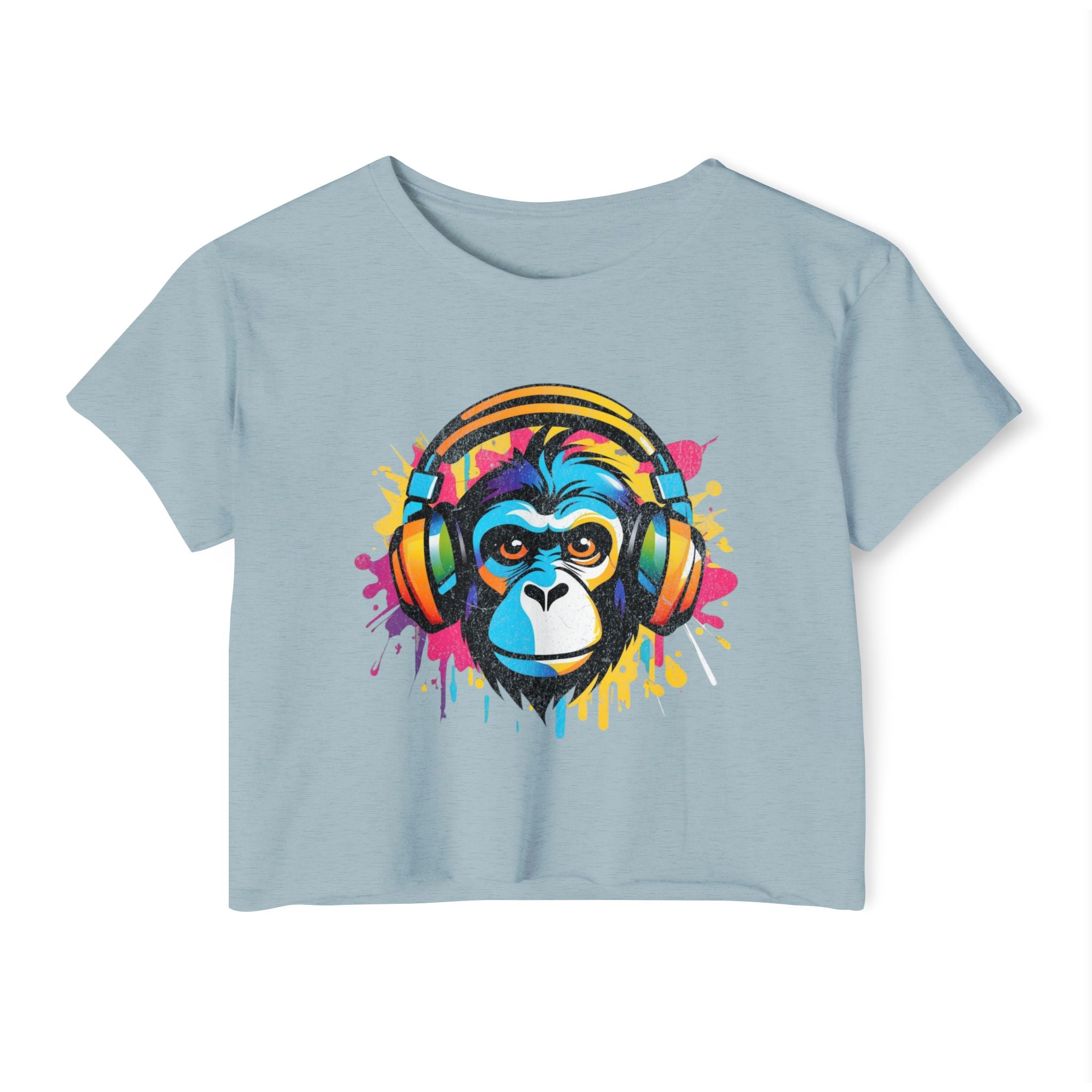 Monkey with headphones - Dripping colorblock paint design - Cute crop tee