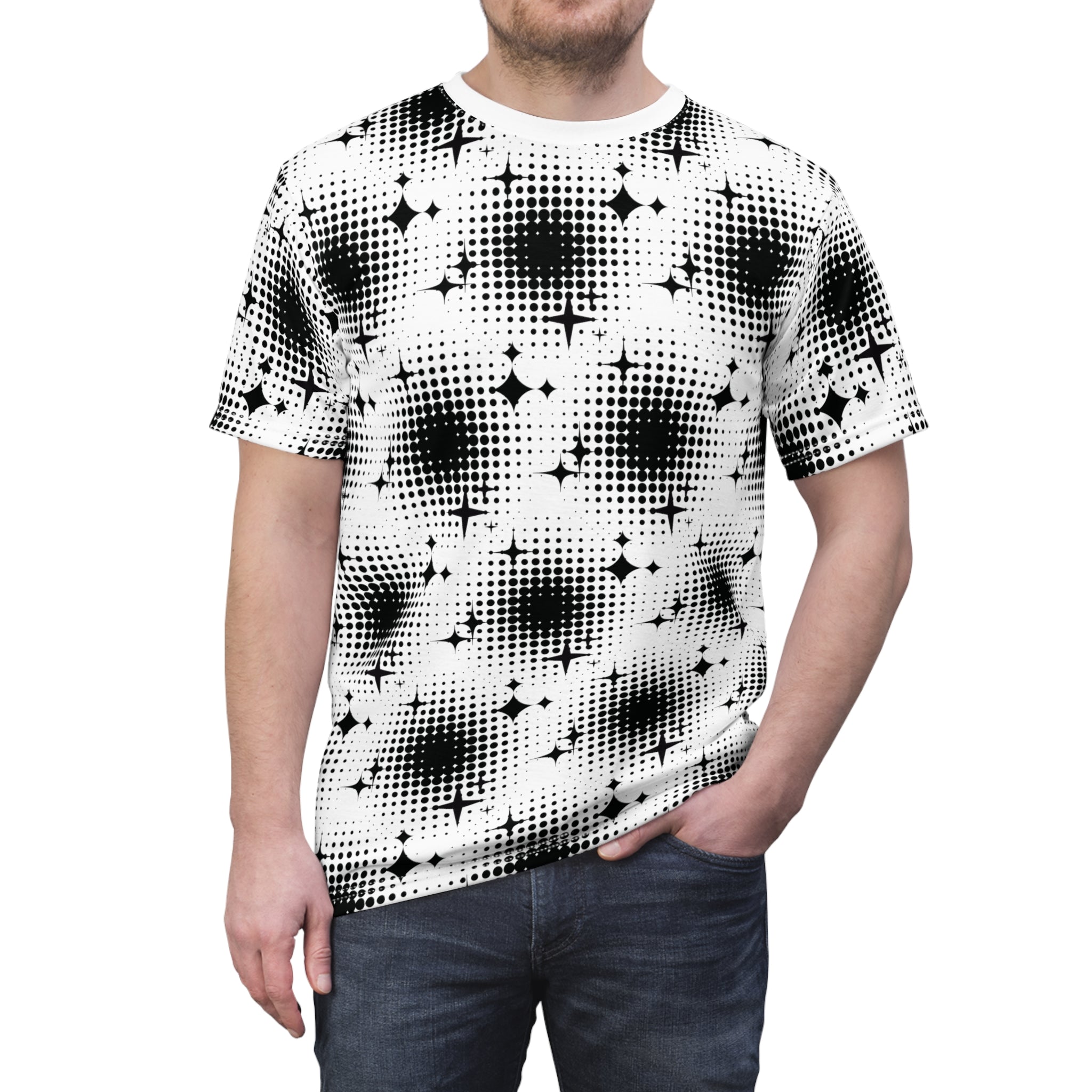 Mid-Century Modern All-Over Print T-Shirt in black and white dots - Stand Out in Style - Abstract Shirt, Artsy Tee, Geometric Top, Modern Art, Artistic Gift, Casual Streetwear, Aesthetic Clothing, Men's style