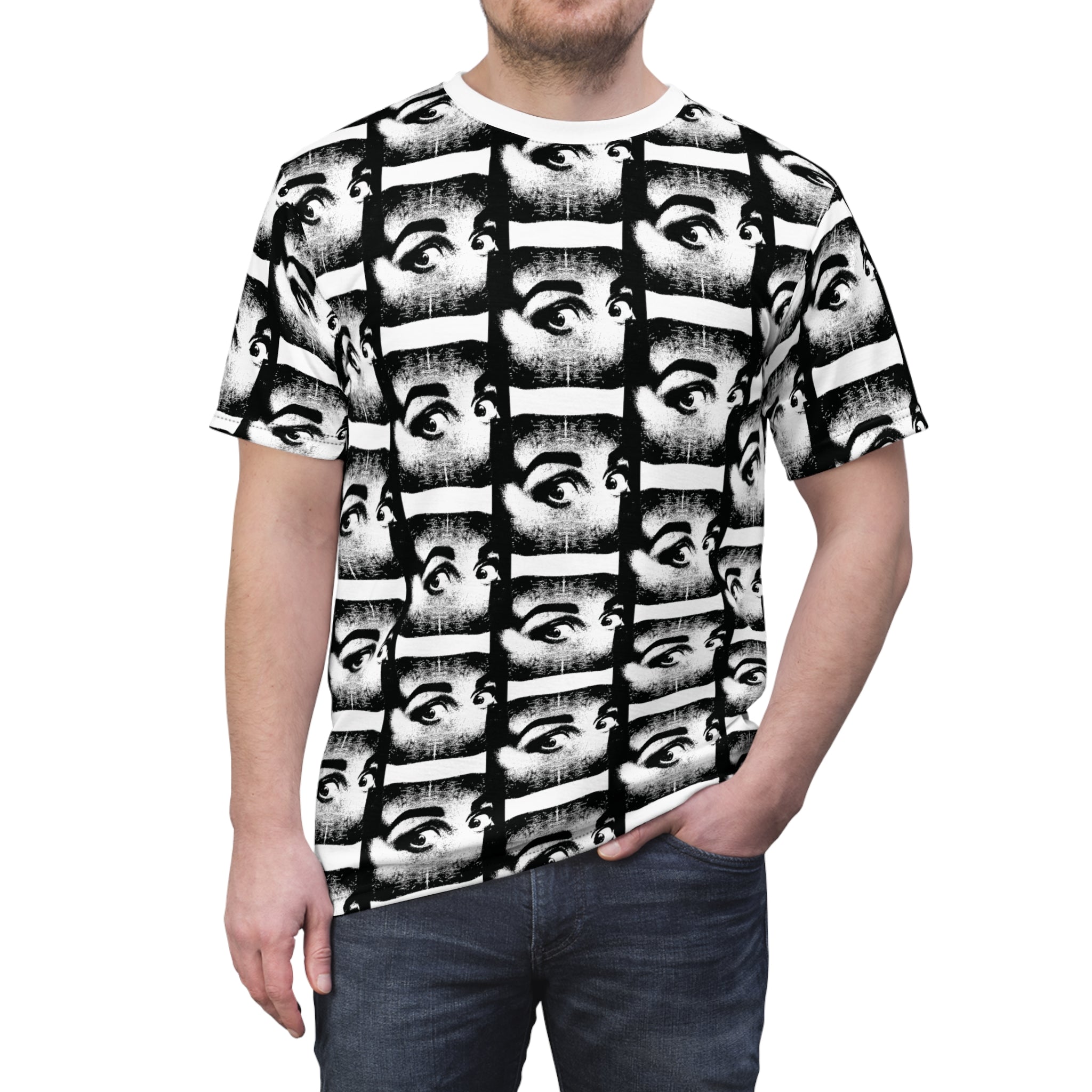 Retro Eyes All-Over Print T-Shirt In Black & White - Stand Out in Style - Abstract Shirt, Artsy Tee, Geometric Top, Modern Art, Artistic Gift, Casual Streetwear, Aesthetic Clothing, Men's style