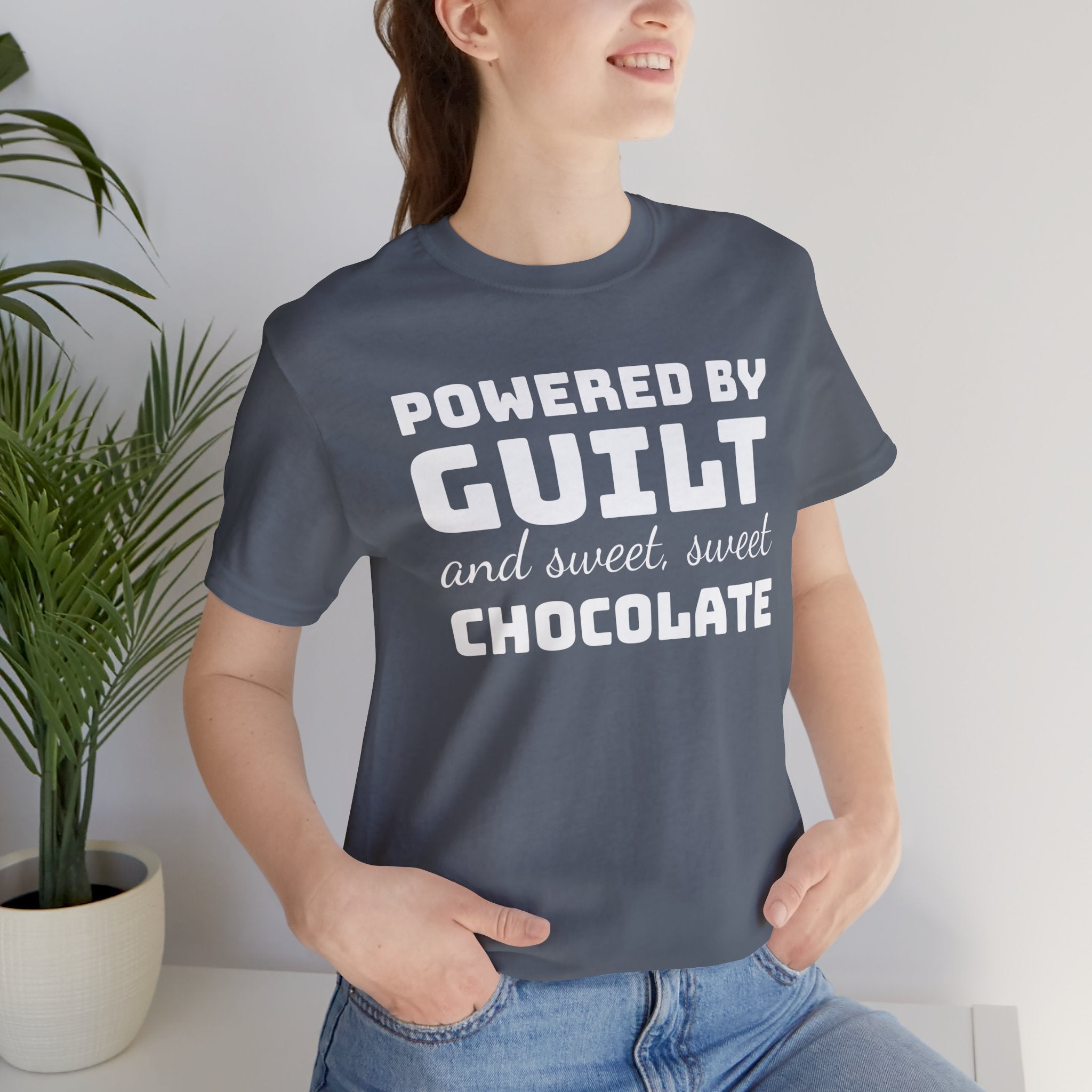 Powered by Guilt and Sweet, Sweet Chocolate T-Shirt, Witty Graphic Tee