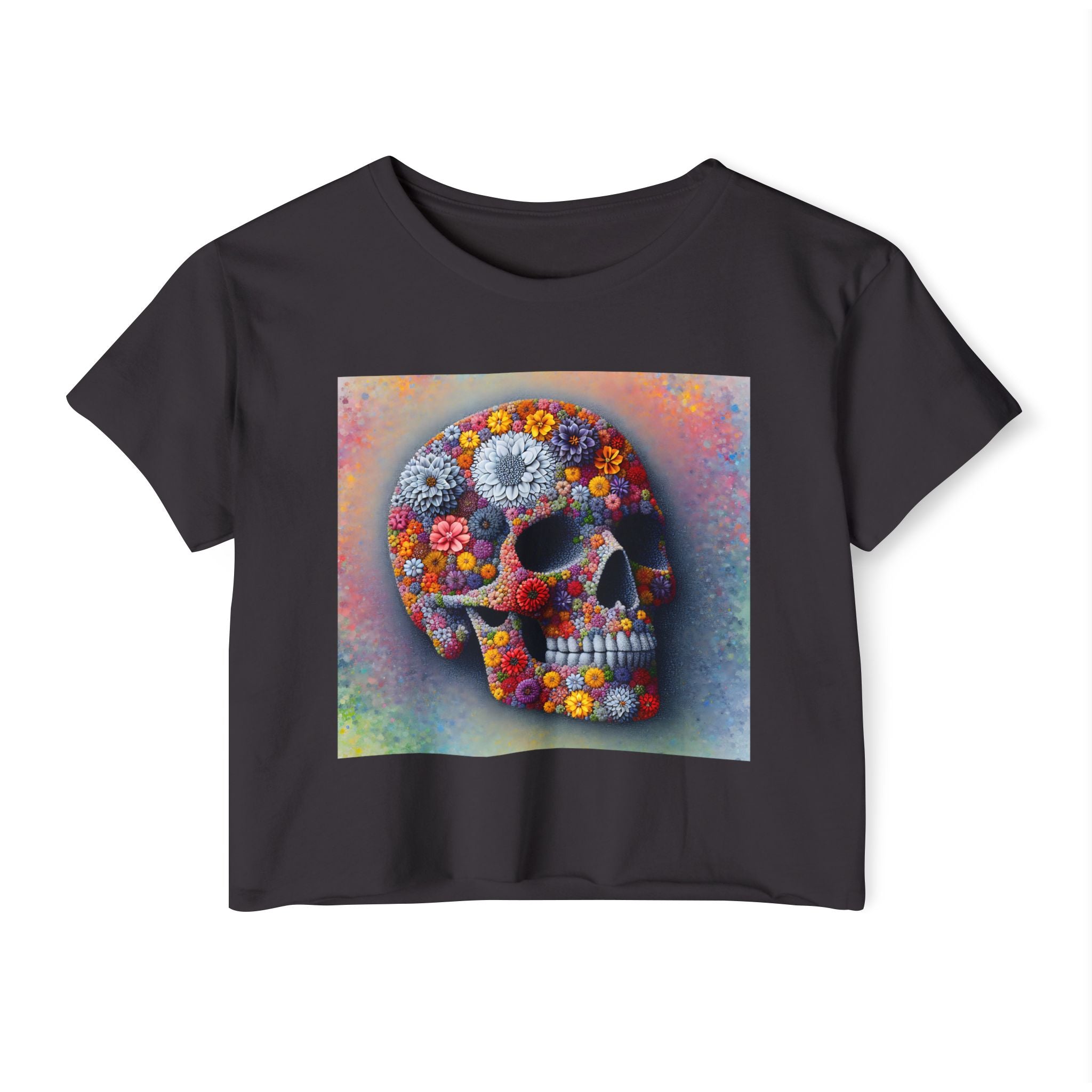 abstract shirt, flower skull top, floral t-shirt, modern design shirt, flower graphic tee, cute cropped tee, crop top, dia de los muertos, day of the dead, skull t-shirt