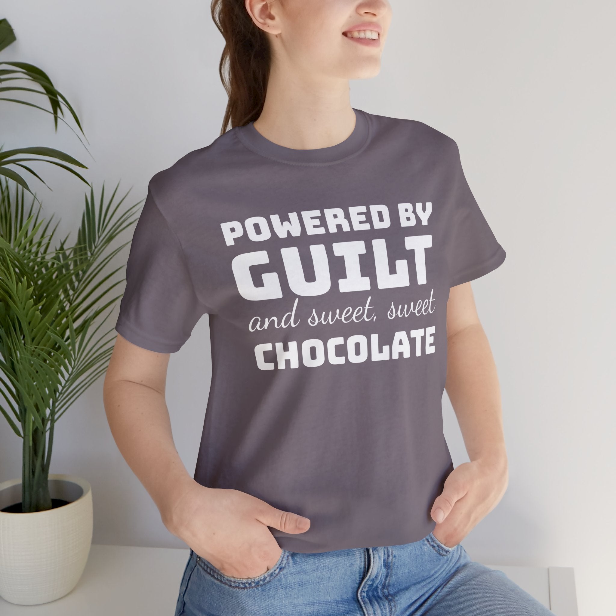 Powered by Guilt and Sweet, Sweet Chocolate T-Shirt, Witty Graphic Tee