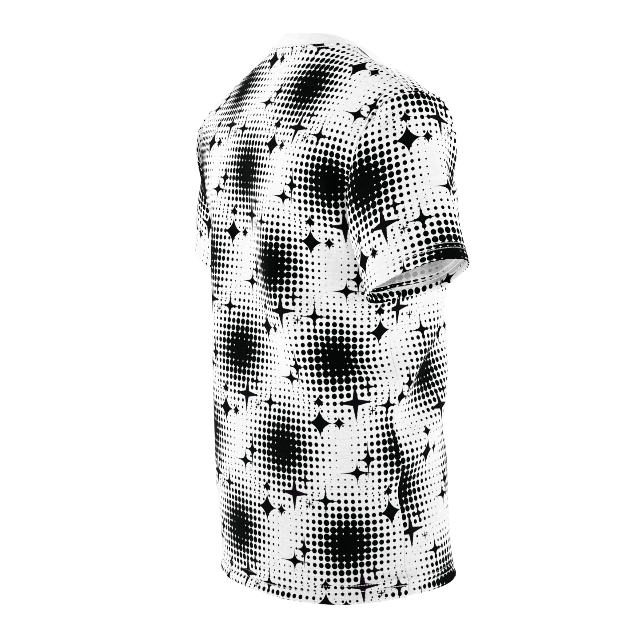 Mid-Century Modern All-Over Print T-Shirt in black and white dots - Stand Out in Style - Abstract Shirt, Artsy Tee, Geometric Top, Modern Art, Artistic Gift, Casual Streetwear, Aesthetic Clothing, Men's style