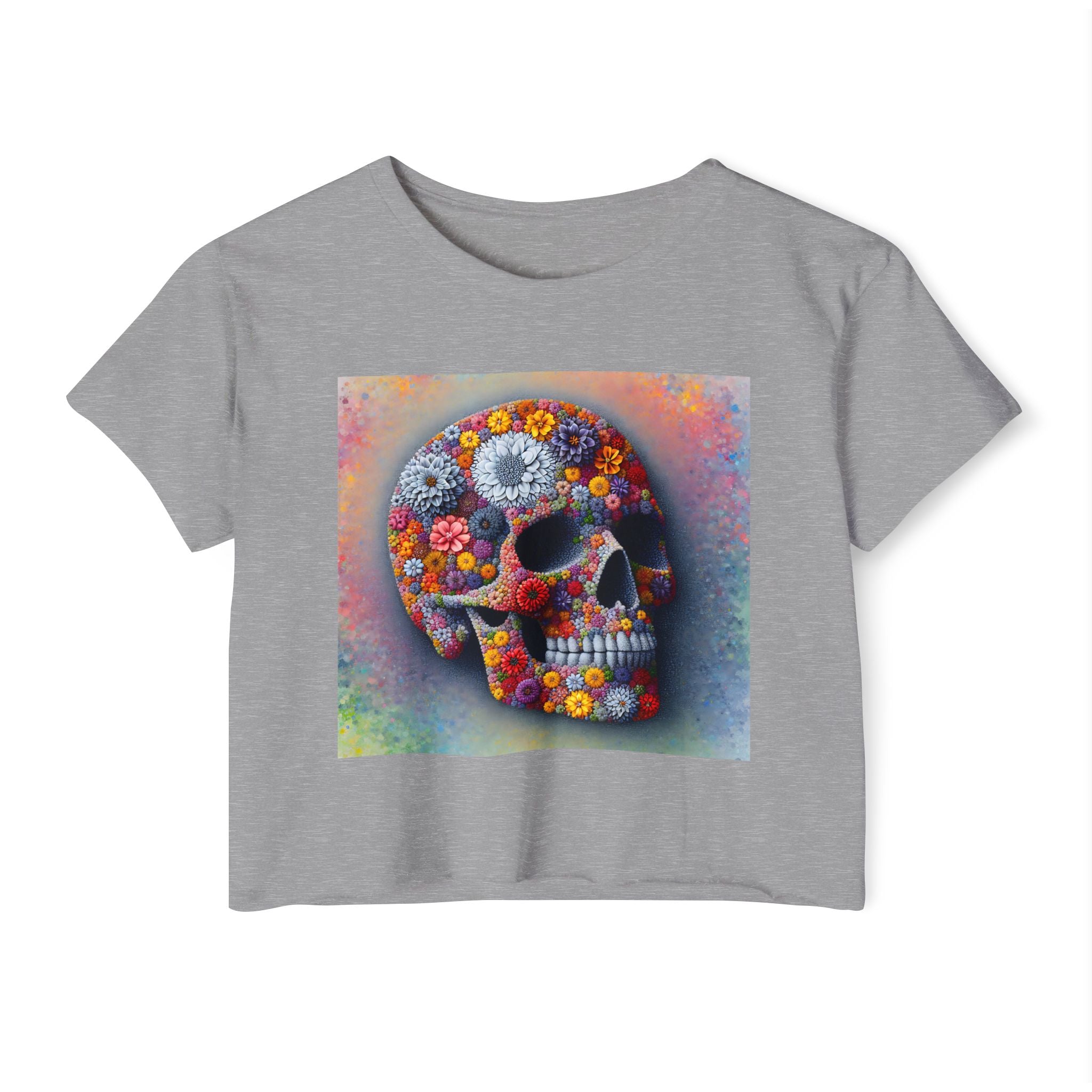 abstract shirt, flower skull top, floral t-shirt, modern design shirt, flower graphic tee, cute cropped tee, crop top, dia de los muertos, day of the dead, skull t-shirt