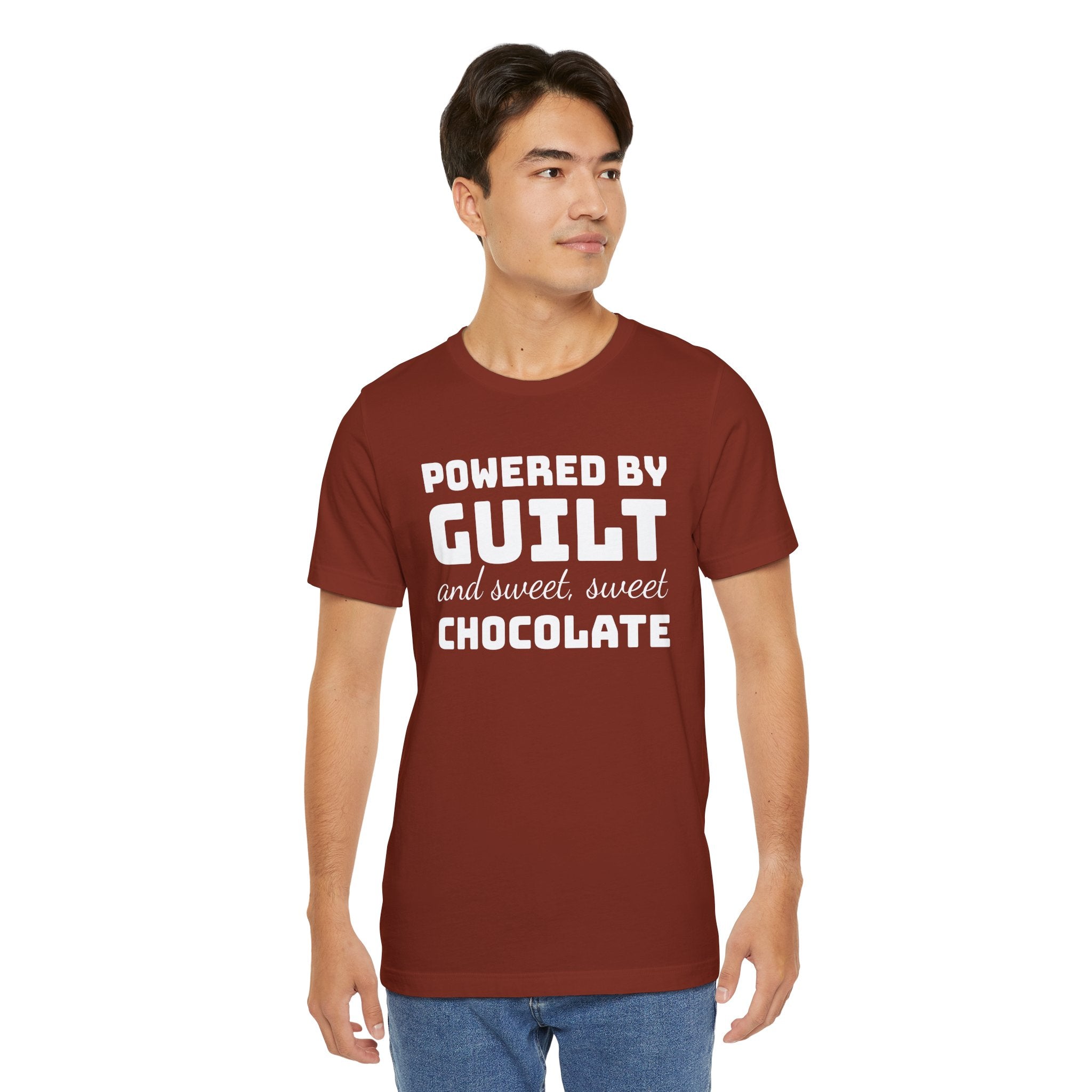 Powered by Guilt and Sweet, Sweet Chocolate T-Shirt, Witty Graphic Tee